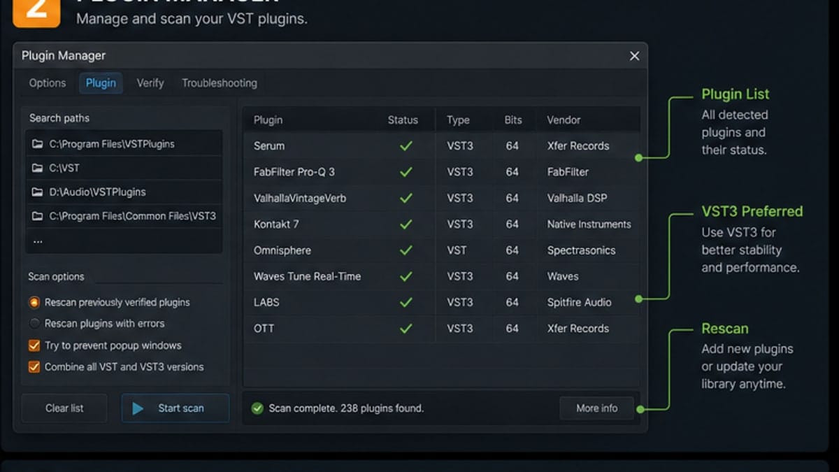 FL Studio VST install workflow from folder to Plugin Manager to favorites