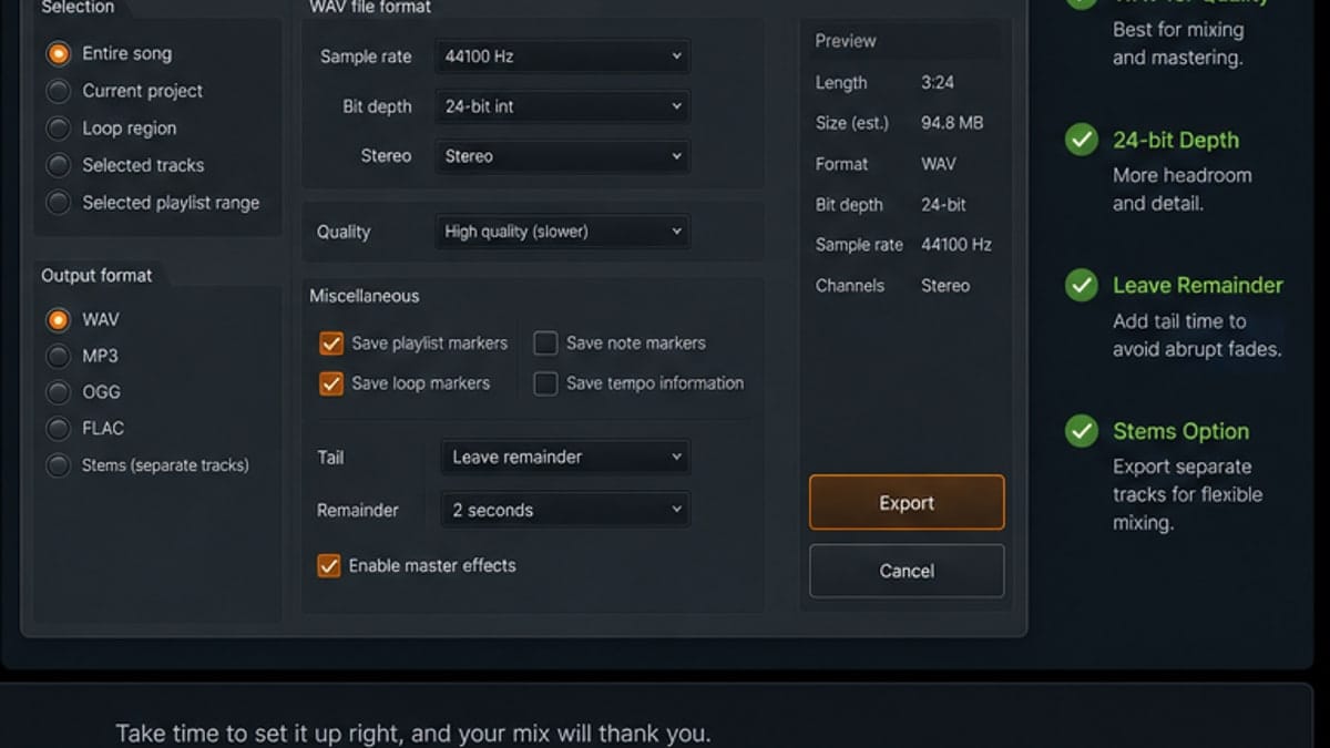 Annotated FL Studio export settings for WAV MP3 and quality