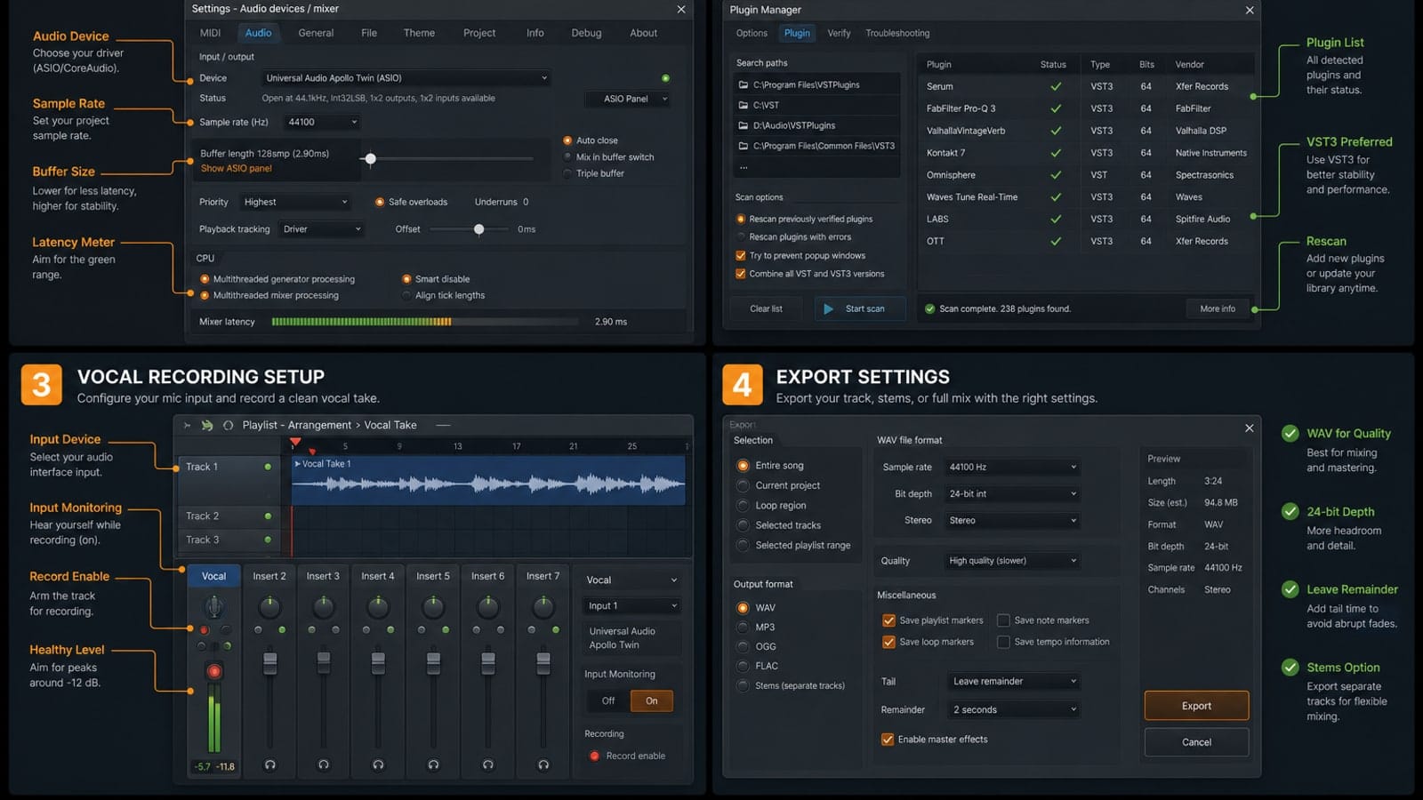 FL Studio Mixer input annotated for microphone recording