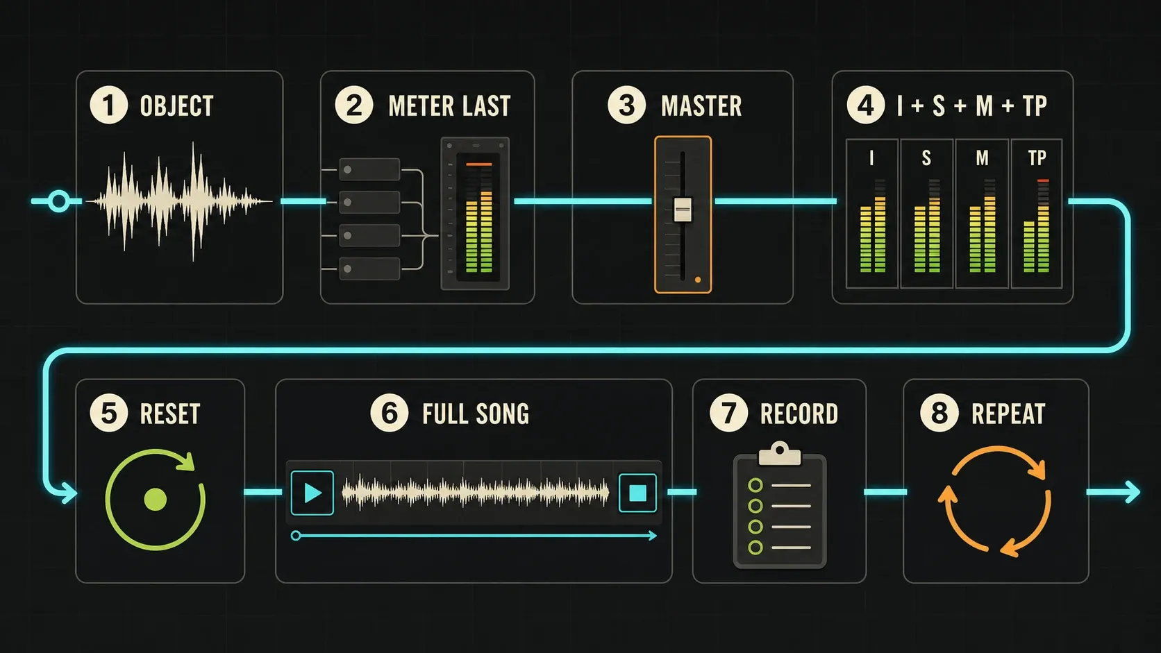 Eight checks from choosing the signal and placing the loudness meter to a full-song pass and delivery verification