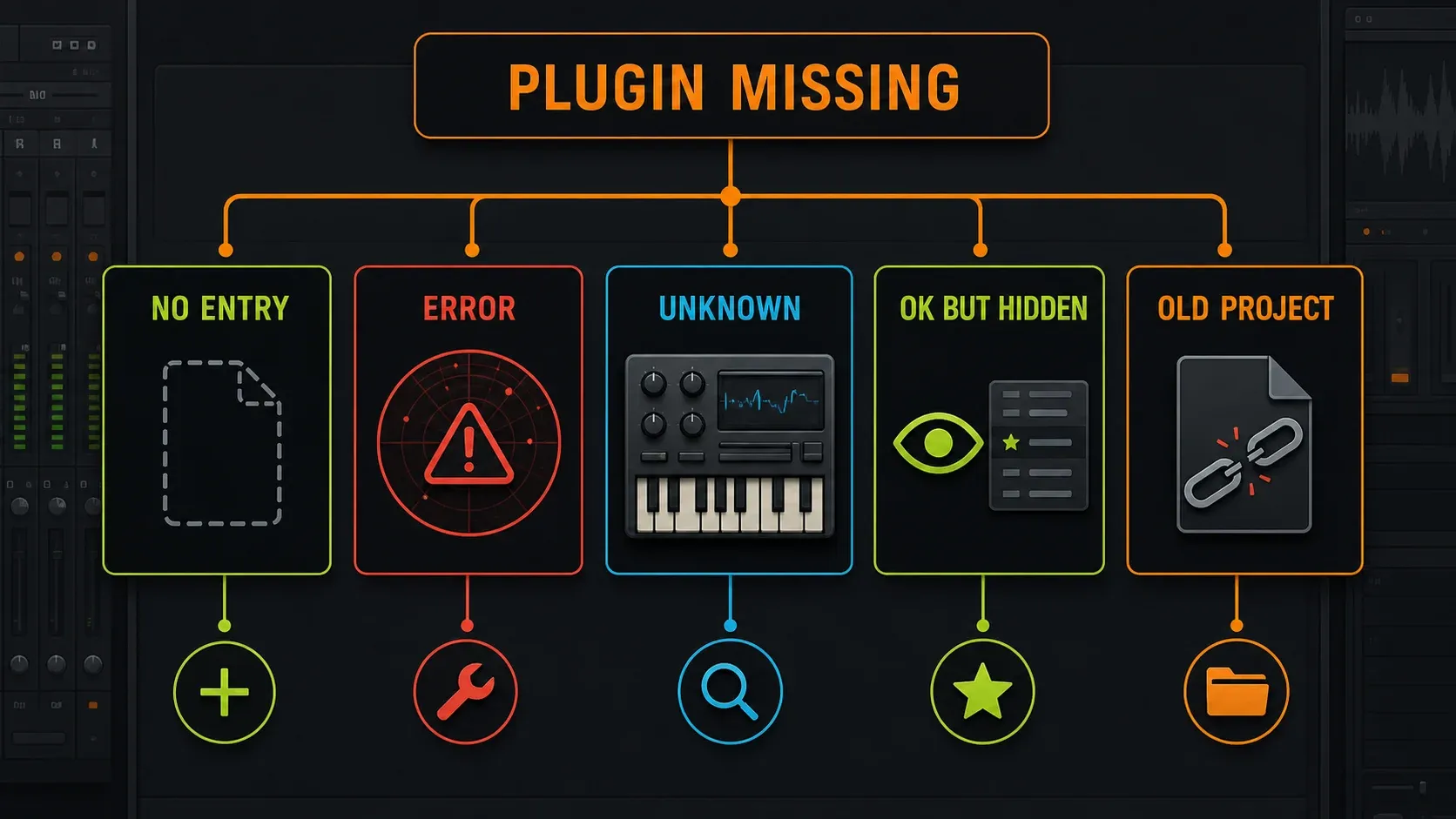 Missing-plugin branches for no entry, Error, Unknown type, hidden menu entry and an old project