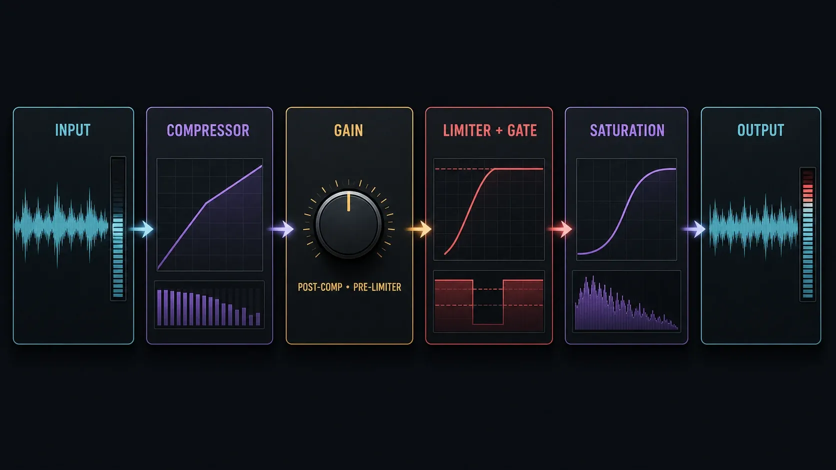 Fruity Limiter signal path from compressor through Gain, limiter and gate, then saturation to output
