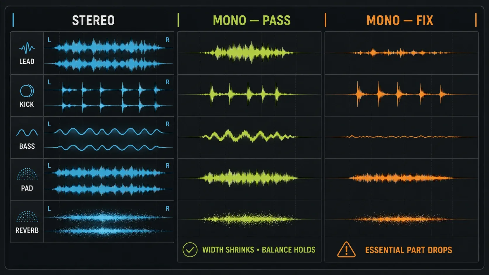 Stereo and mono comparisons with a stable musical balance versus a lead and bass that lose their role