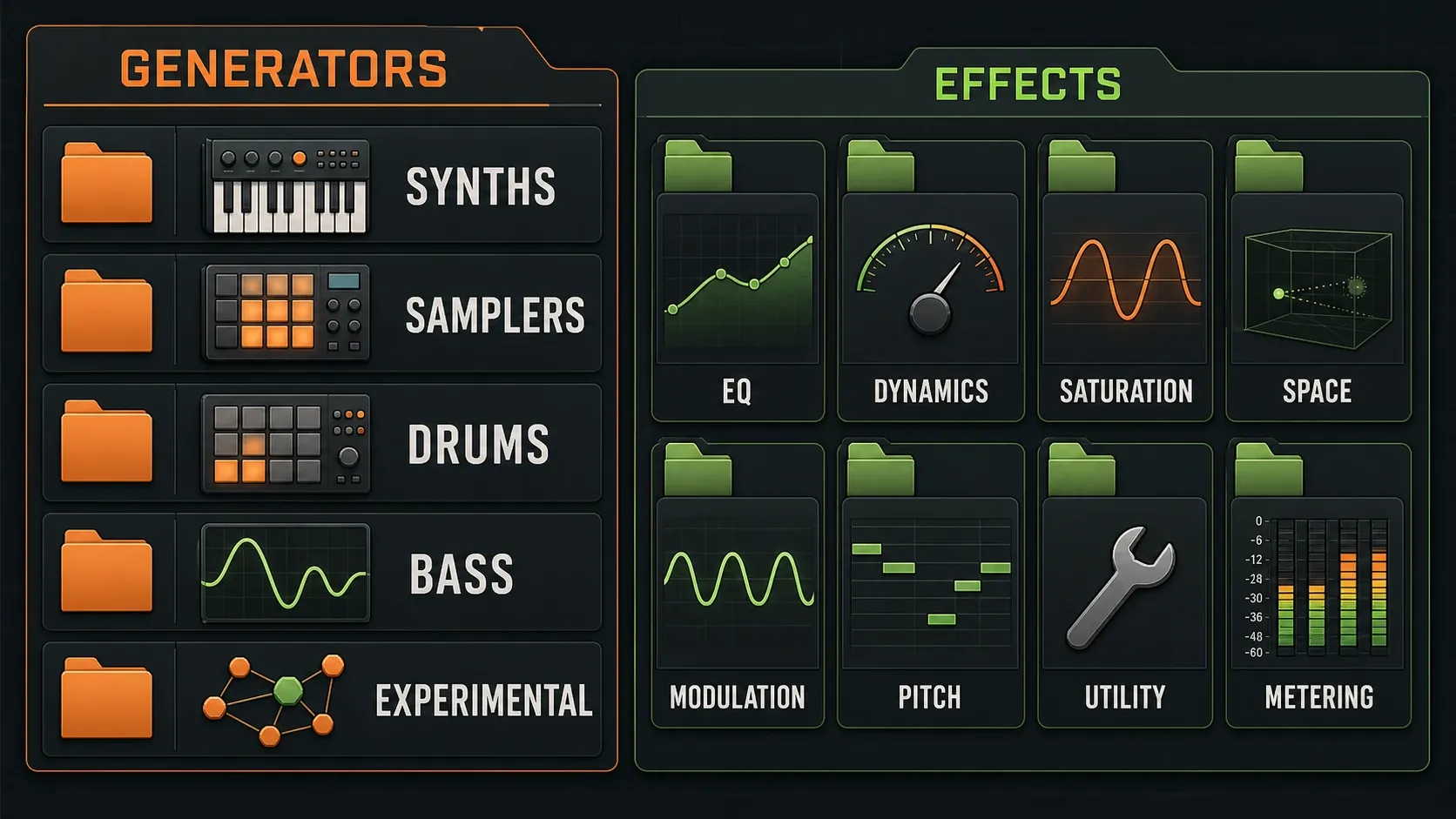 Suggested FL Studio instrument and effect categories grouped by production task