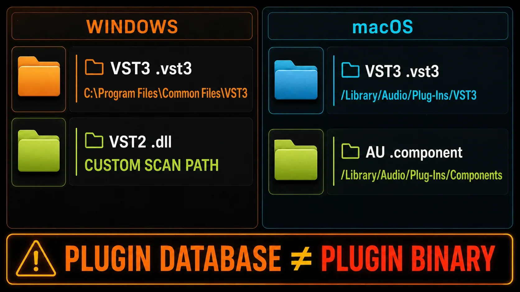 Windows VST3 and VST2 locations beside macOS VST3 and AU folders, separate from the Plugin Database