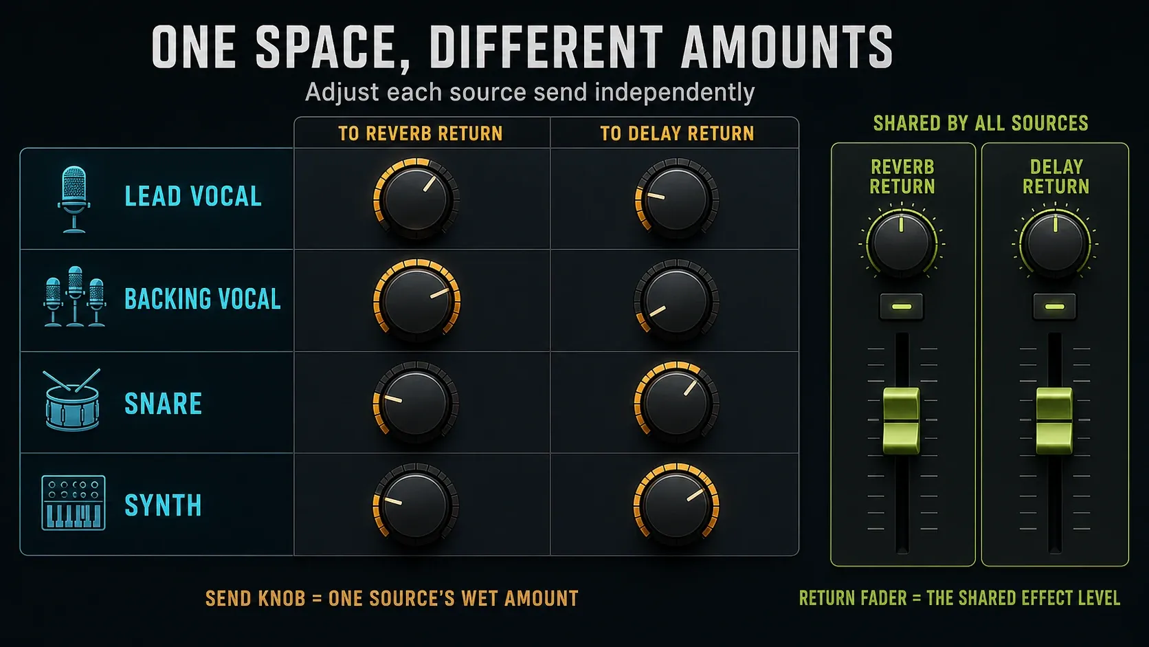 Four sources with independent reverb and delay send amounts feeding two shared return faders