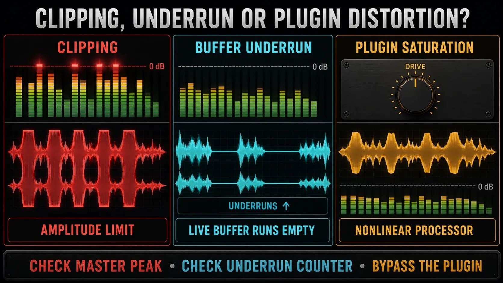 Clipped peaks, live buffer gaps and plugin saturation compared as three different audio faults