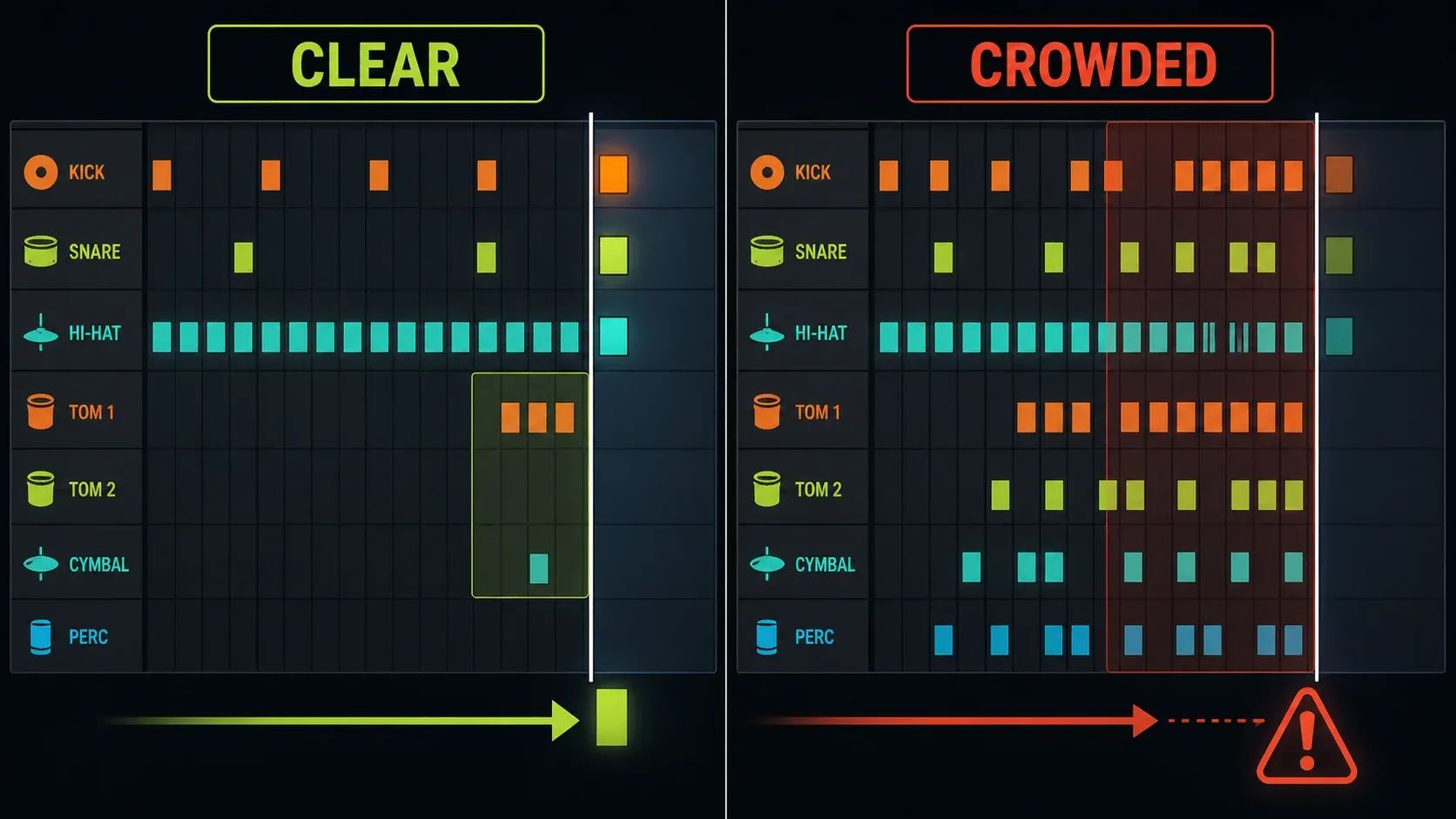 Short drum fill before a downbeat compared with a denser transition across several percussion layers