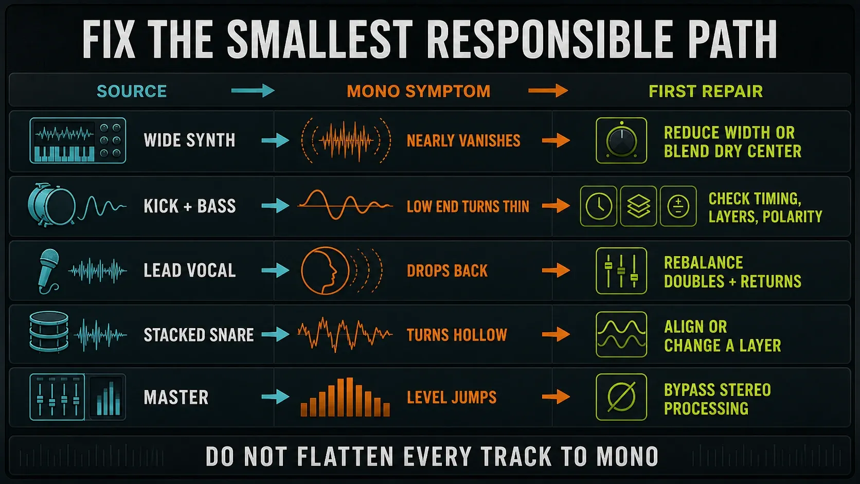 Possible mono repairs for a wide synth, bass layers, lead vocal, stacked snare and Master processing