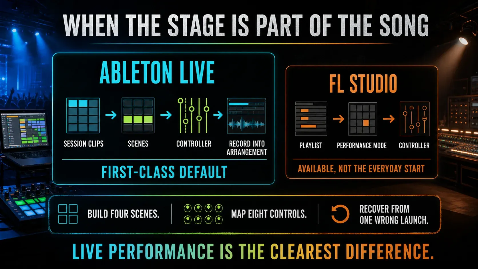 Ableton Session View clip launching compared with FL Studio Playlist and Performance Mode for live use