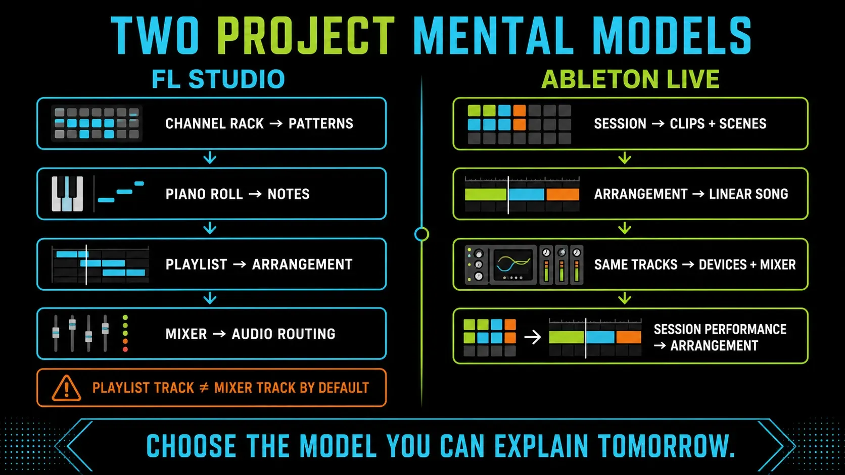 FL Studio Channel Rack Playlist and Mixer compared with Ableton Session and Arrangement views