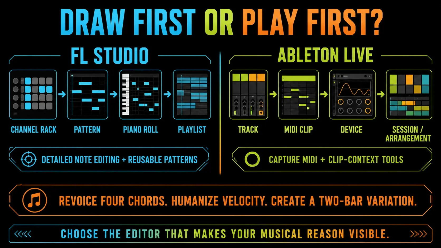 FL Studio Piano Roll pattern workflow compared with Ableton Live MIDI clips Capture MIDI and note tools