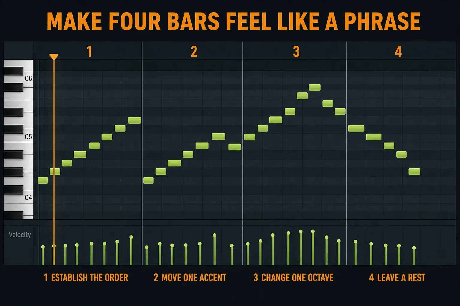 Four-bar FL Studio arpeggio arrangement with chord changes octave restraint rests and velocity variation