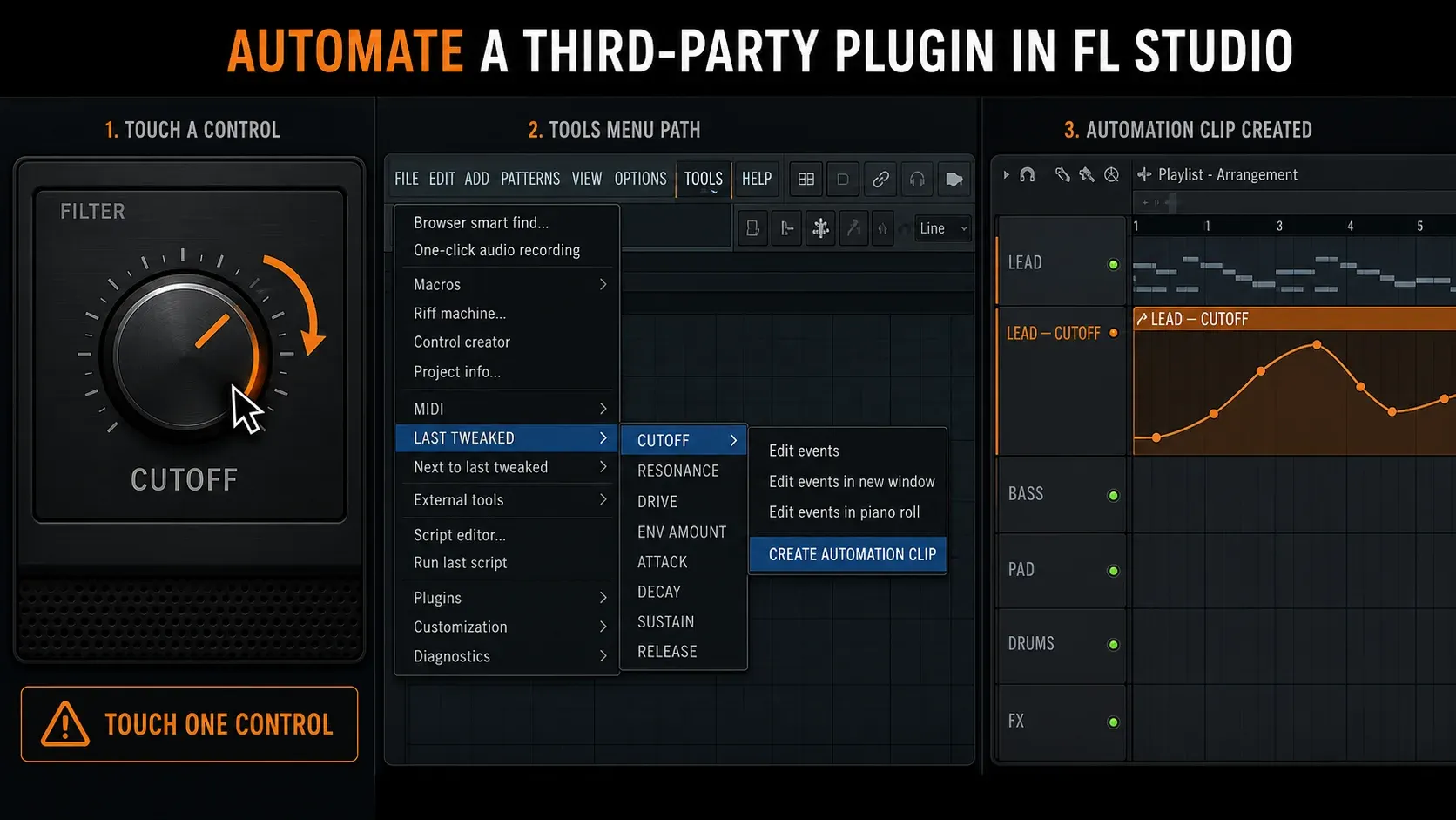 FL Studio Last tweaked workflow creating automation for a third-party plugin parameter