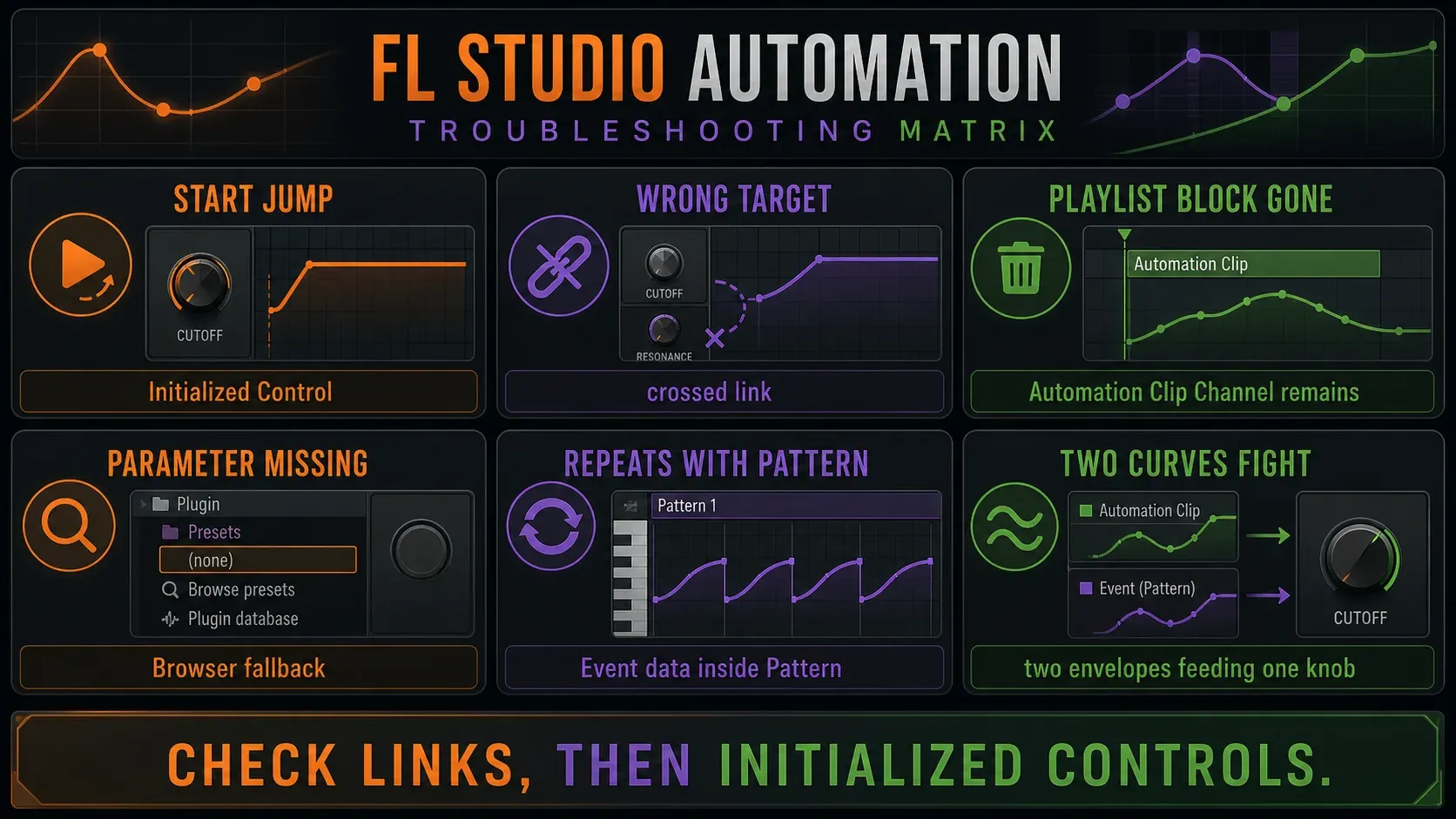 FL Studio automation troubleshooting for initialized values wrong targets duplicate links and Event data