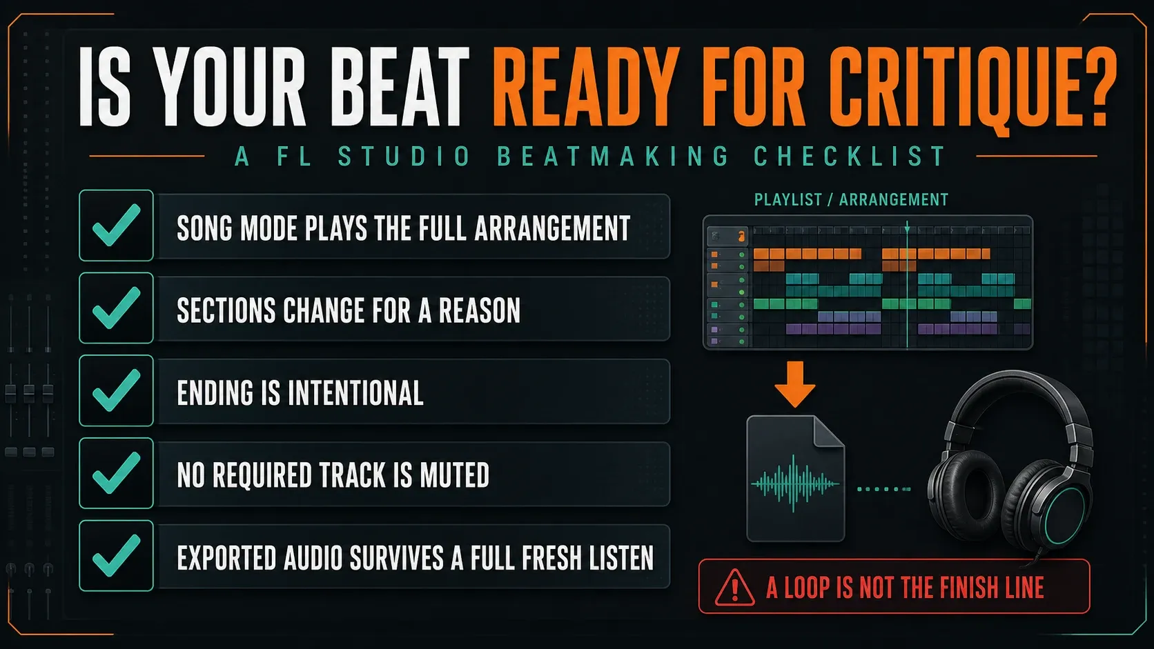 Beat review checklist for complete Song playback, section contrast, ending, mutes and exported audio