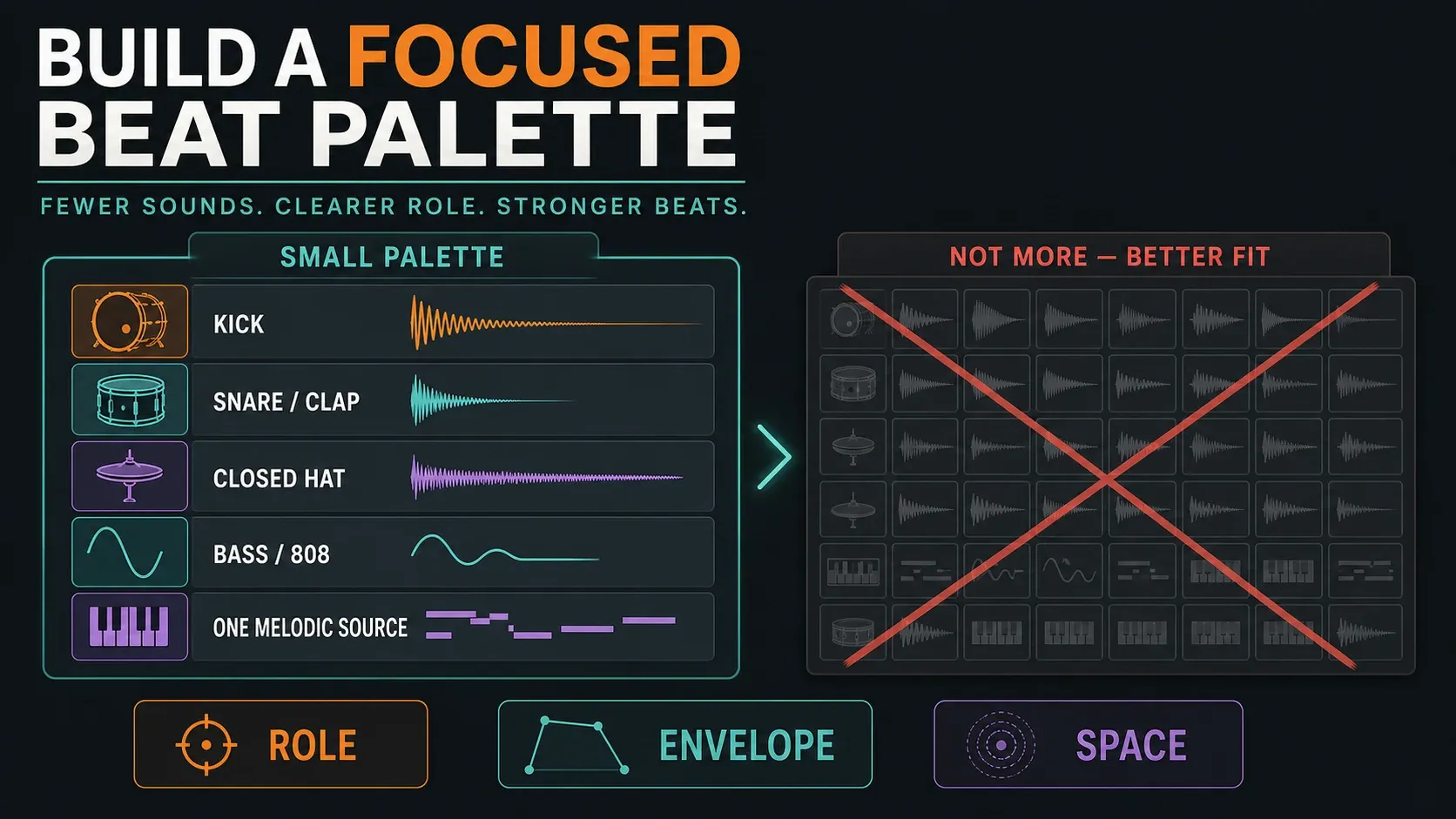 Five sound roles for a beat: kick, clap, closed hat, bass and one melodic source