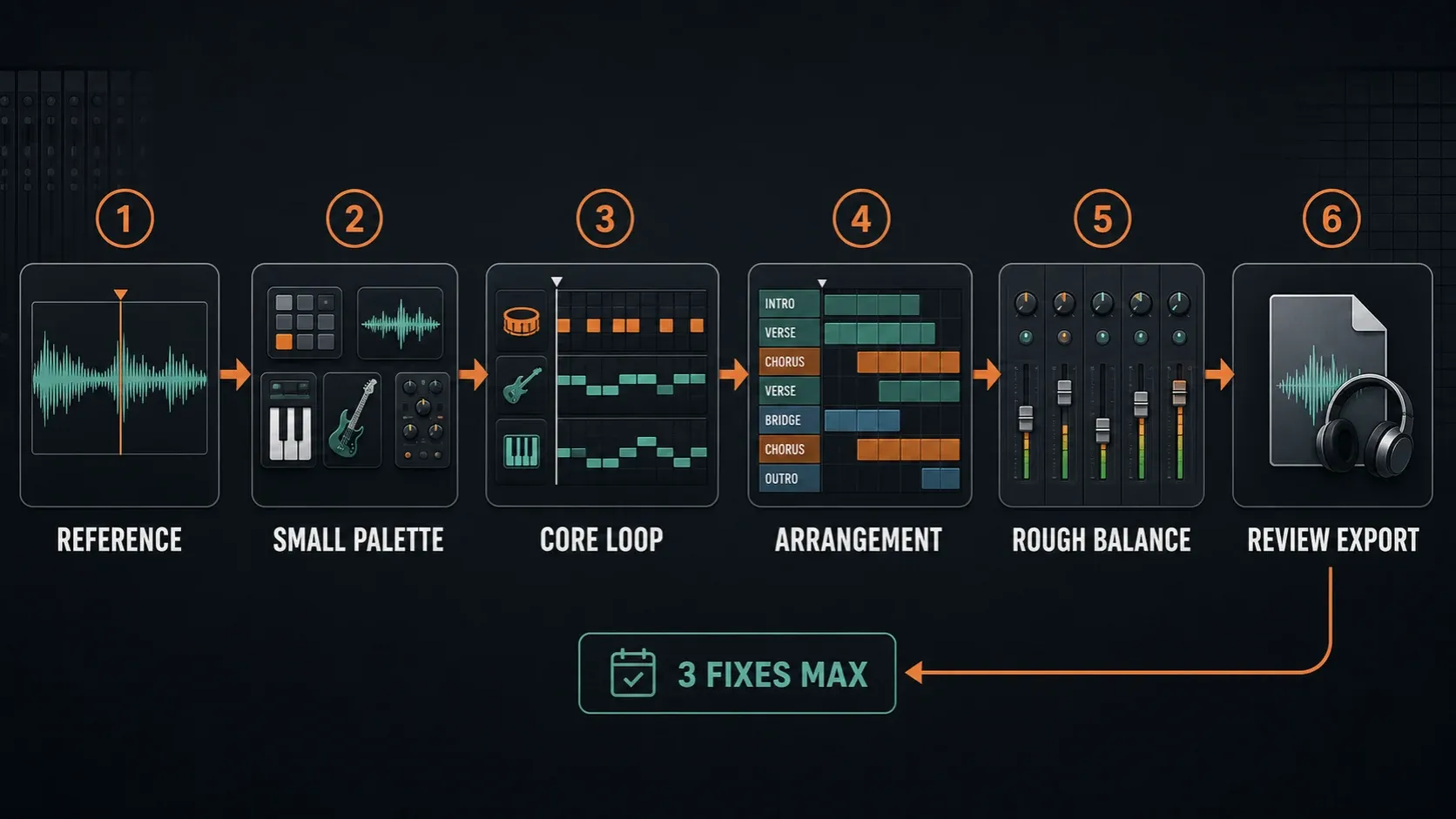 Beatmaking route through sound choice, a core loop, arrangement, balance and audio export