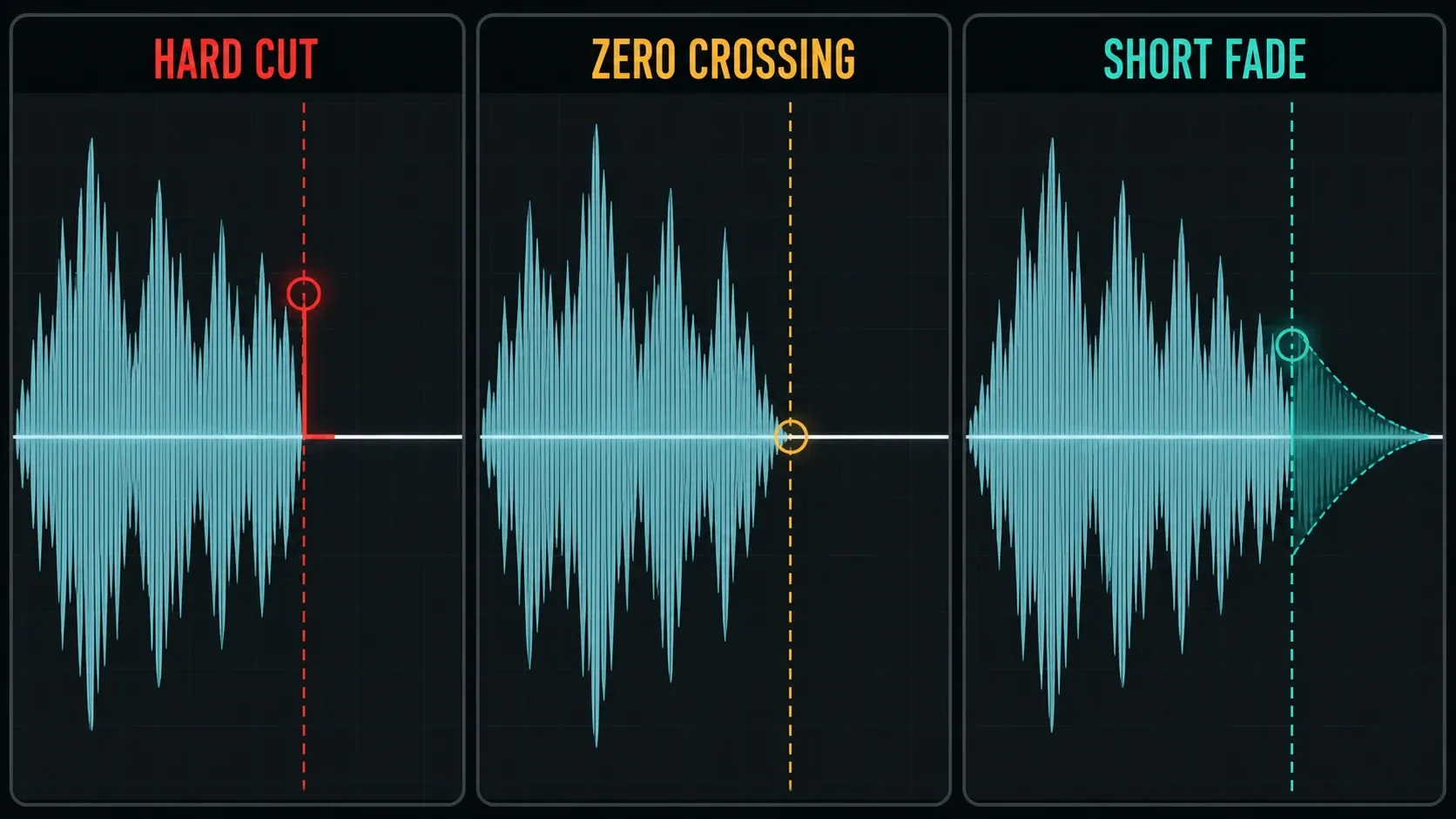 Hard boundary compared with a zero-amplitude crossing and a tapered ending