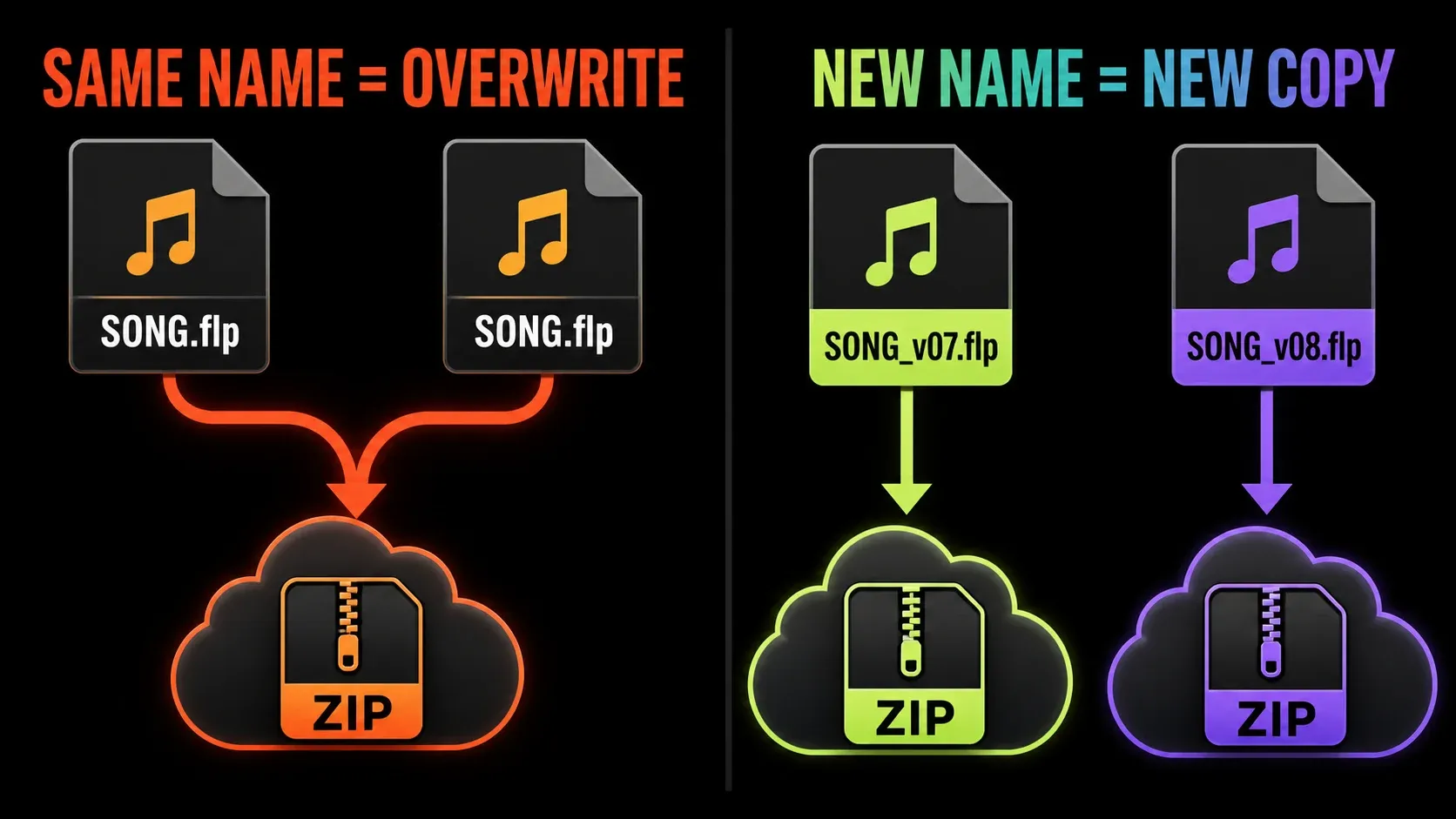Same-name FL Studio uploads replace one cloud ZIP, while distinct version names create separate copies