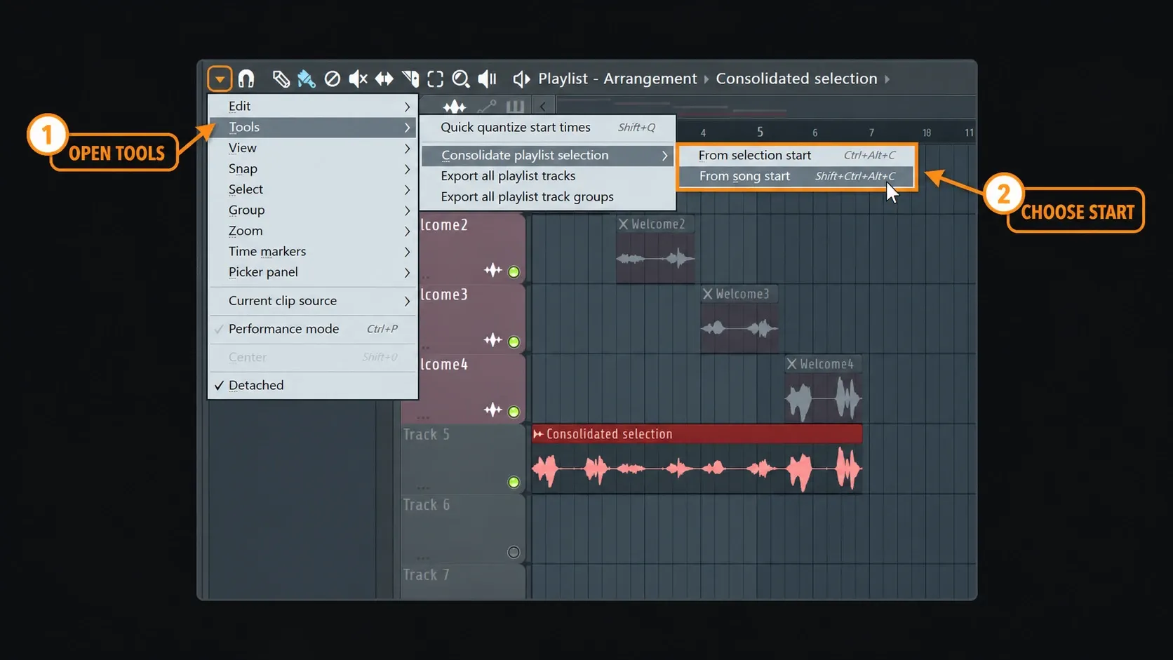 FL Studio-style Playlist menu with Consolidate this track and track-start or song-start choices