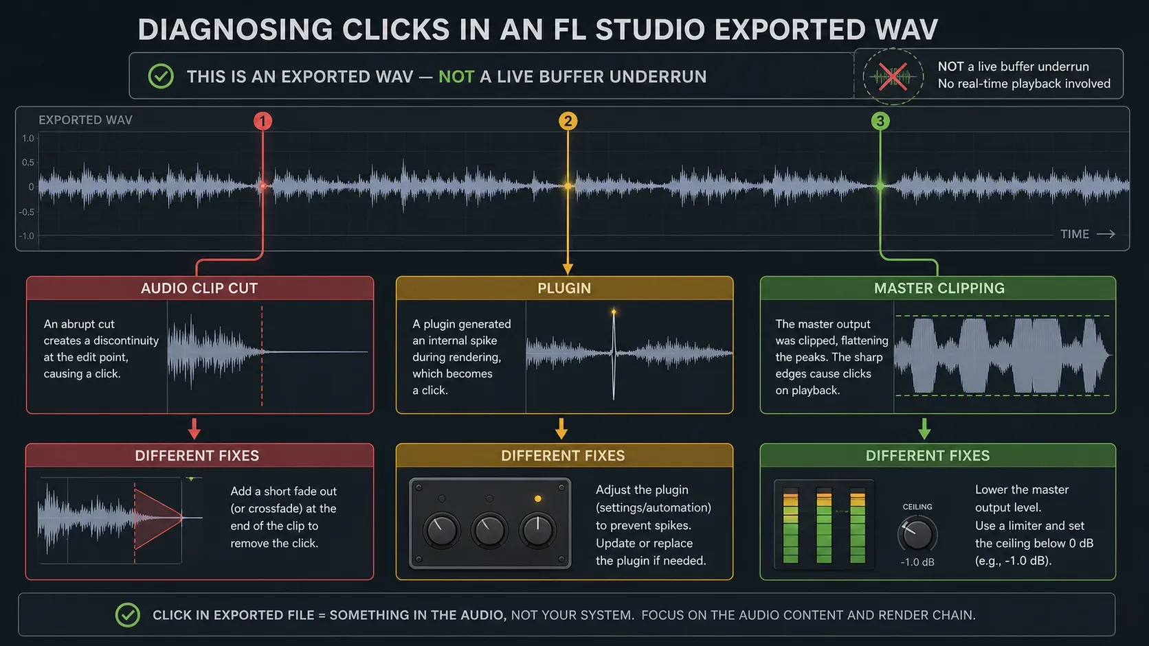 FL Studio exported audio click diagnosis for clip boundary plugin and master clipping