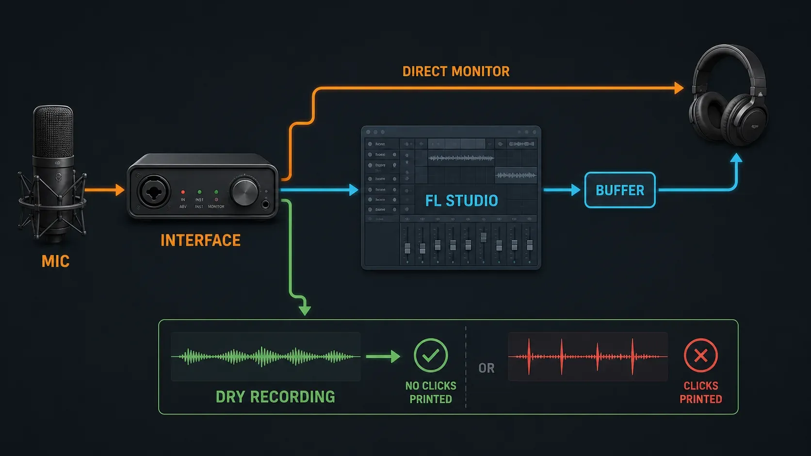 FL Studio recording path separating input crackle monitoring latency and playback load