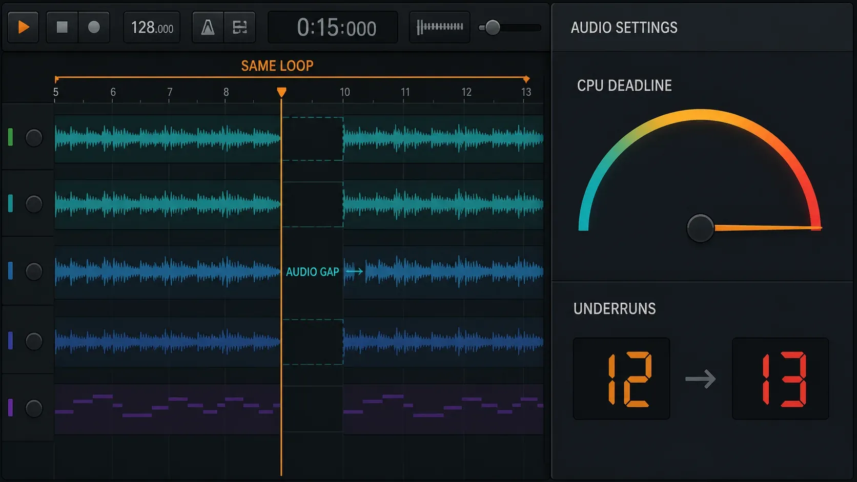 FL Studio Audio Settings underrun counter and CPU panel during crackling playback