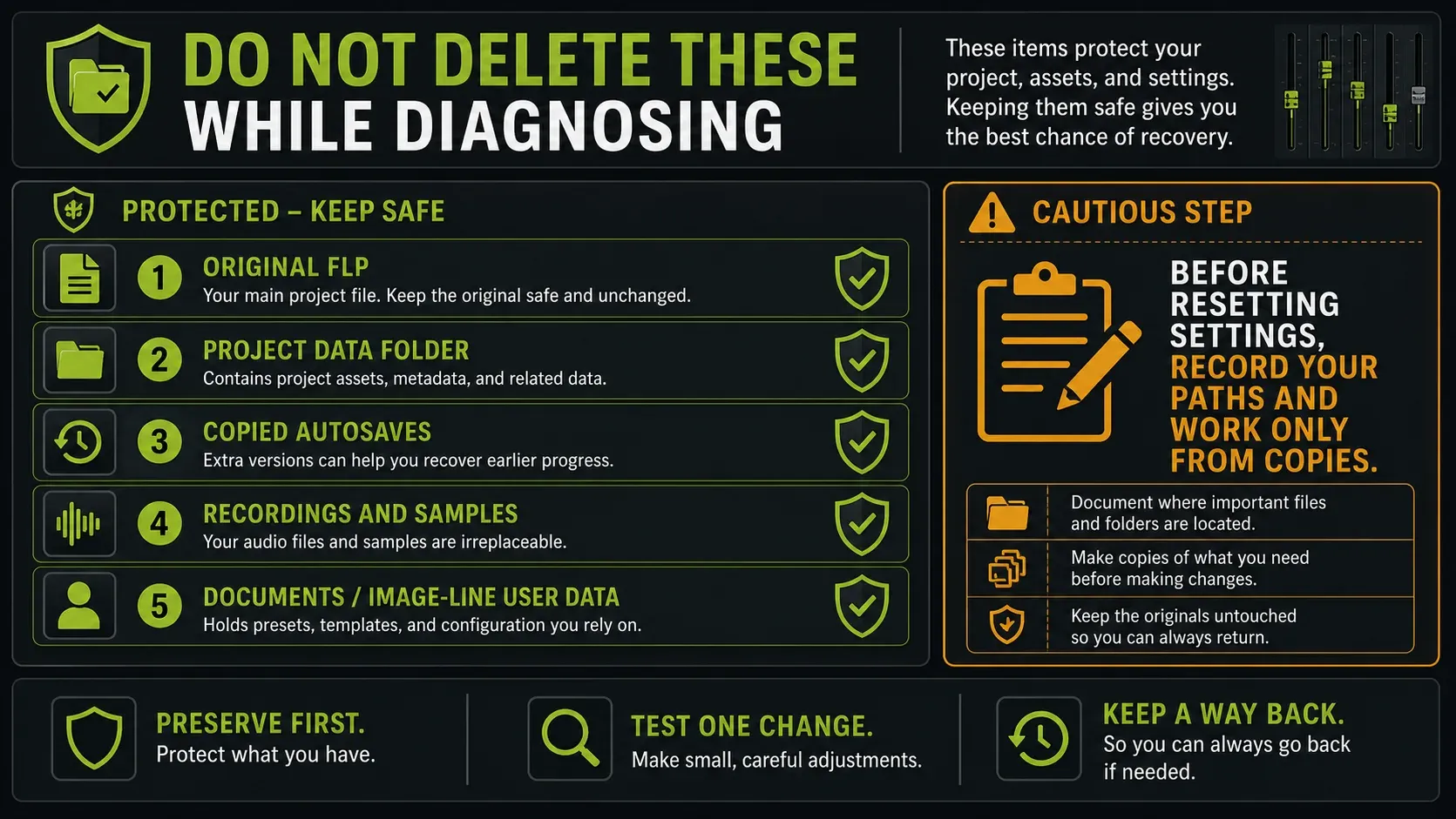 FL Studio recovery safety list protecting original FLP project data backups recordings and user data