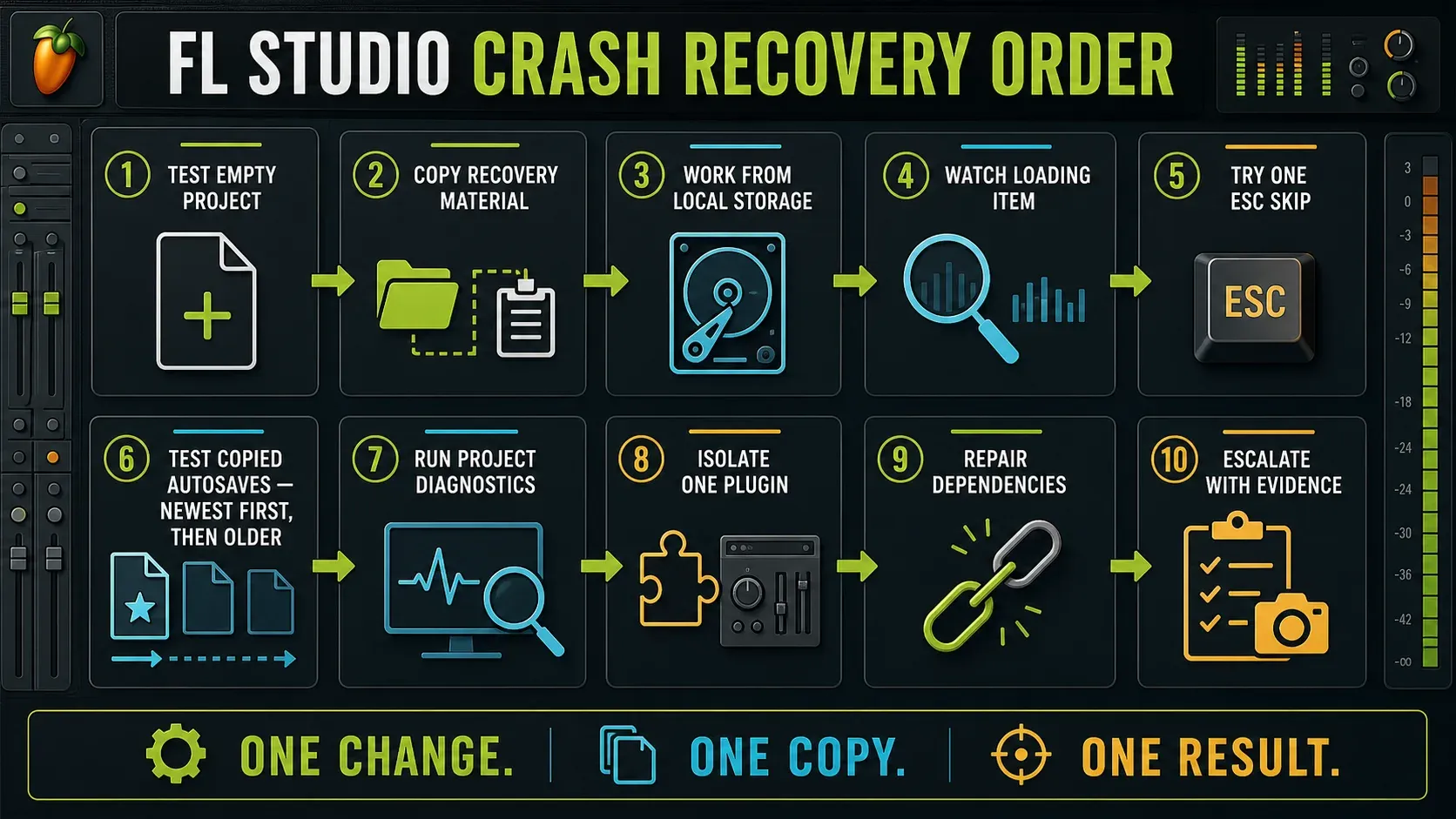 Ten-step FL Studio crash and project recovery order from blank test to Diagnostic report