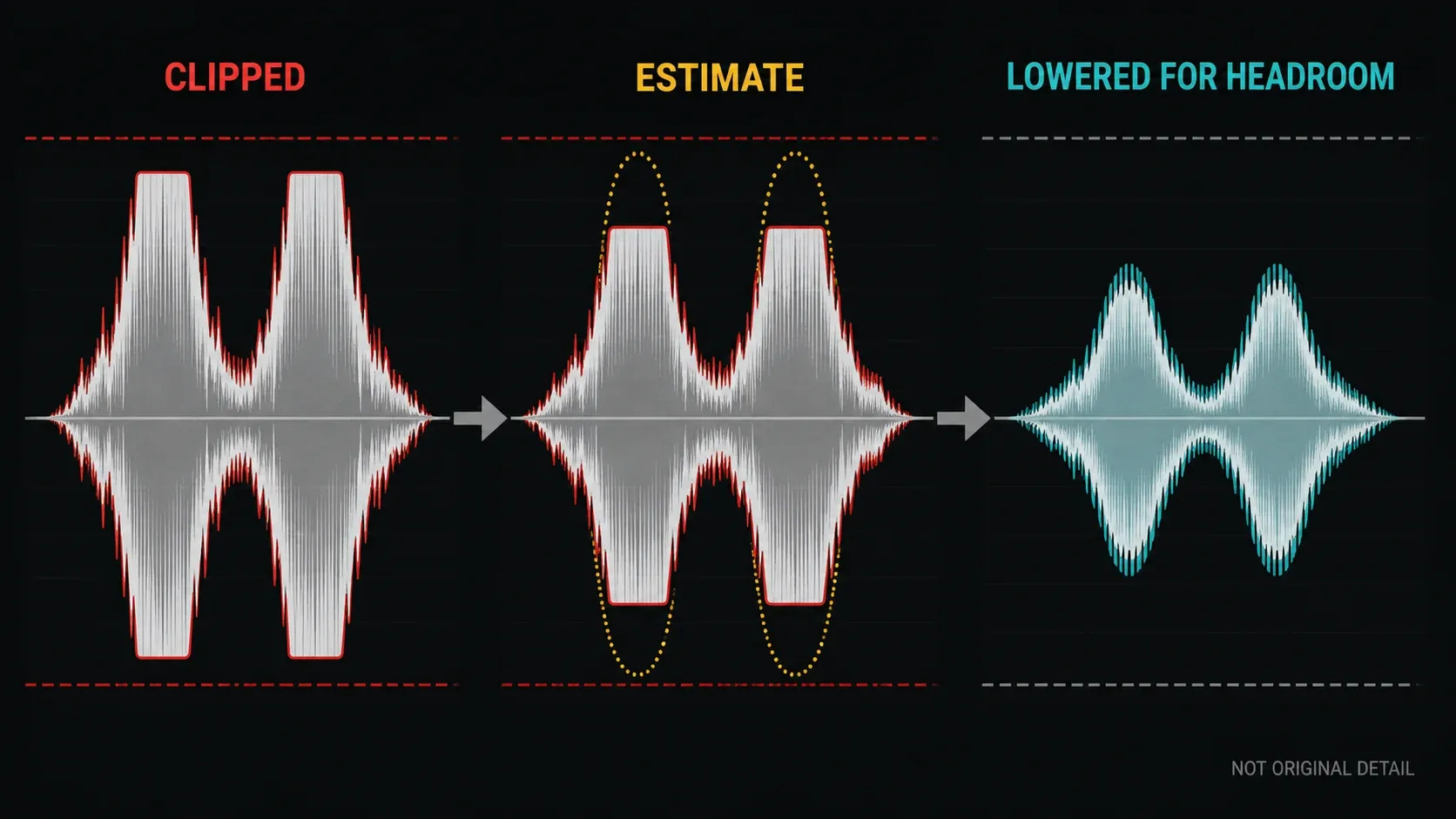 Clipped peaks, an estimated reconstruction and lower overall level for headroom