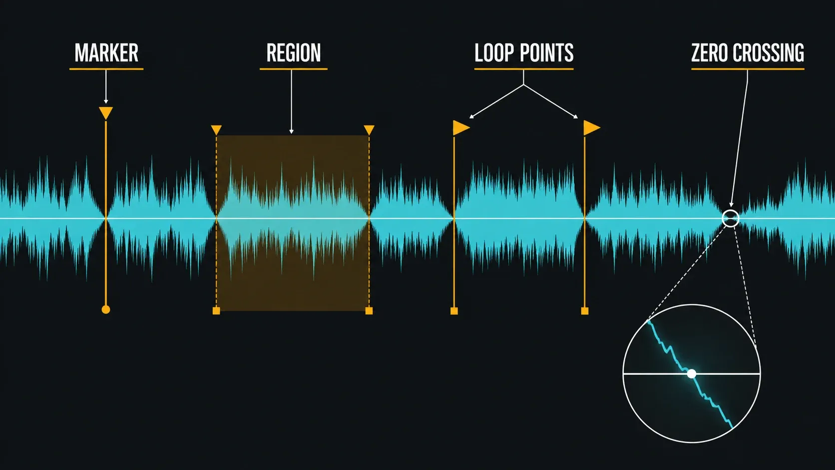 Marker position, region boundaries, loop points and a waveform zero crossing