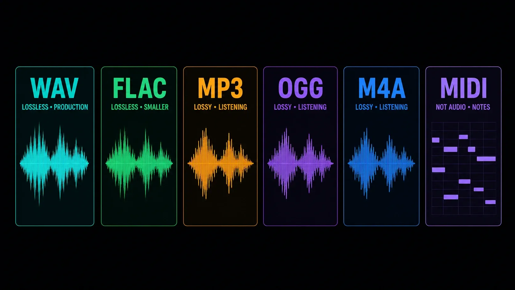 WAV and FLAC lossless formats, FL Studio lossy listening formats and MIDI note data