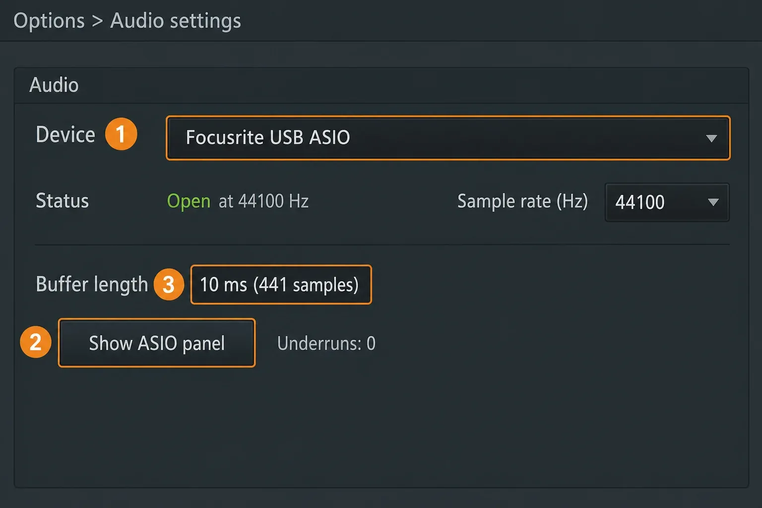 FL Studio Audio Settings showing native ASIO device, ASIO panel and 10 ms buffer