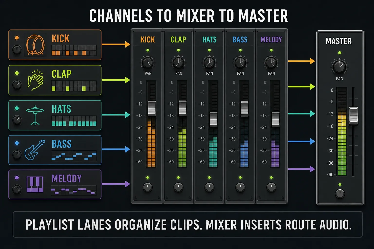 FL Studio beginner Mixer routing with drums, bass and melody feeding the Master