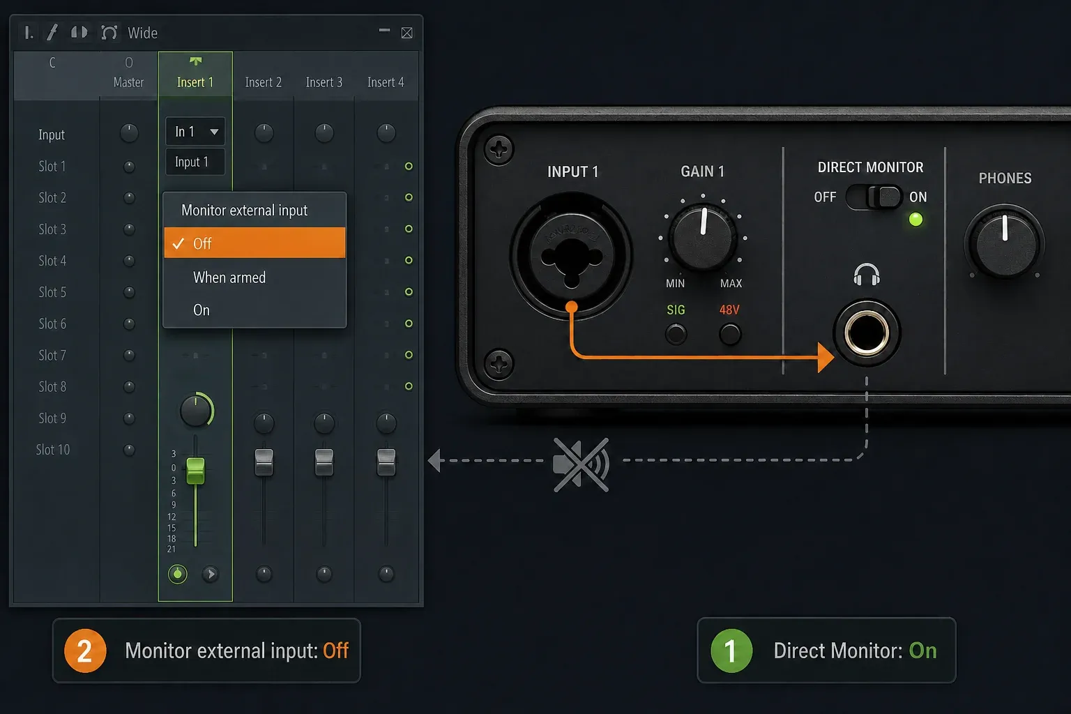 FL Studio direct monitoring setup with external input monitoring turned off