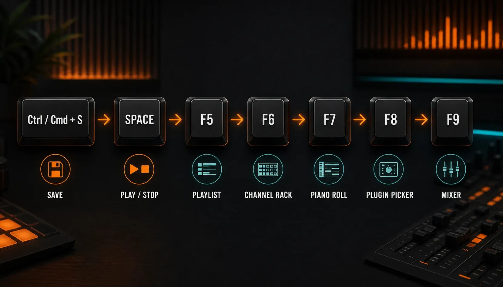 Essential FL Studio shortcuts for saving, playback and opening the main windows