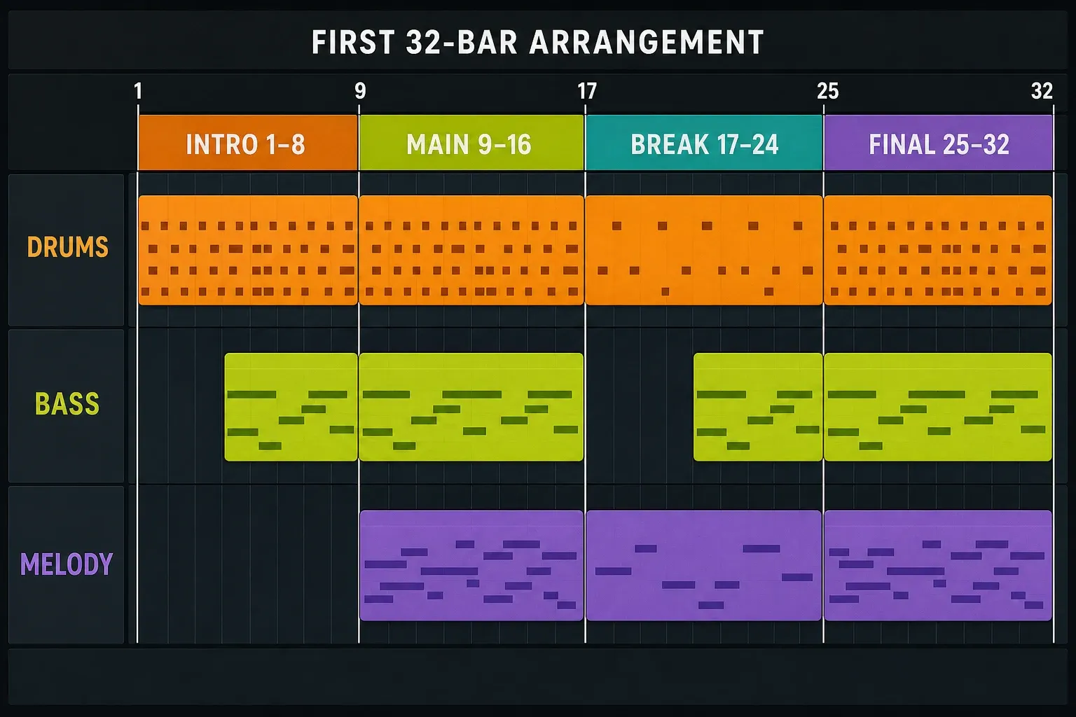 FL Studio Playlist arrangement for a first 32-bar song with drums, bass and melody