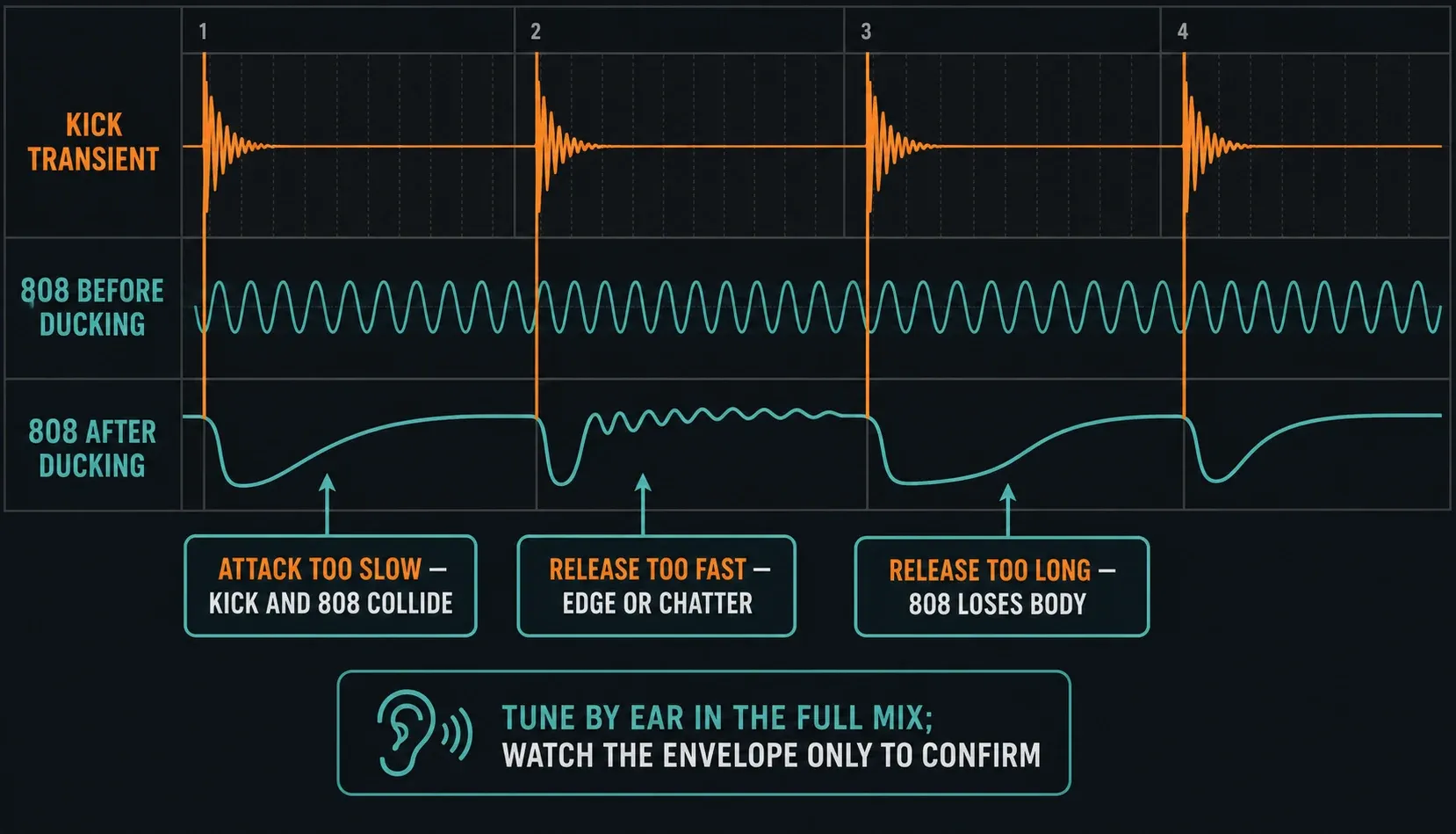 Kick transient and 808 sidechain timing with slow attack short release and long release problems