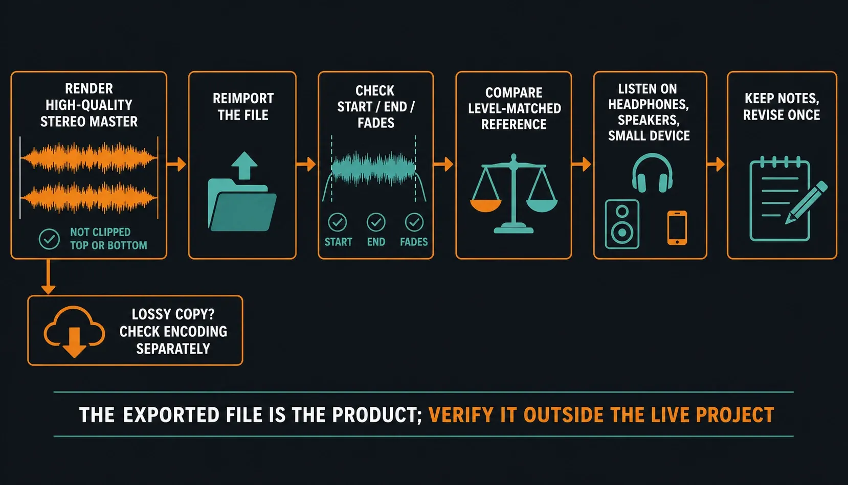 FL Studio mastering export quality control with reimport fades reference and playback checks
