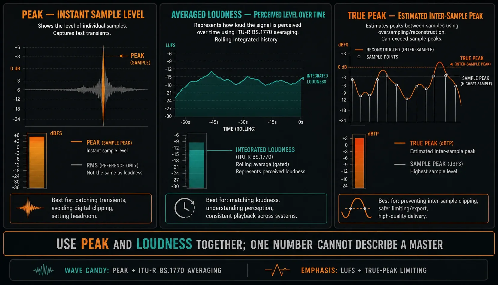 Mastering meters comparing sample peak averaged loudness and true peak between samples