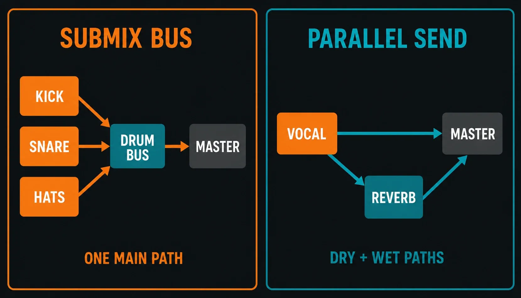 FL Studio Mixer routing comparison between a submix bus and parallel reverb send