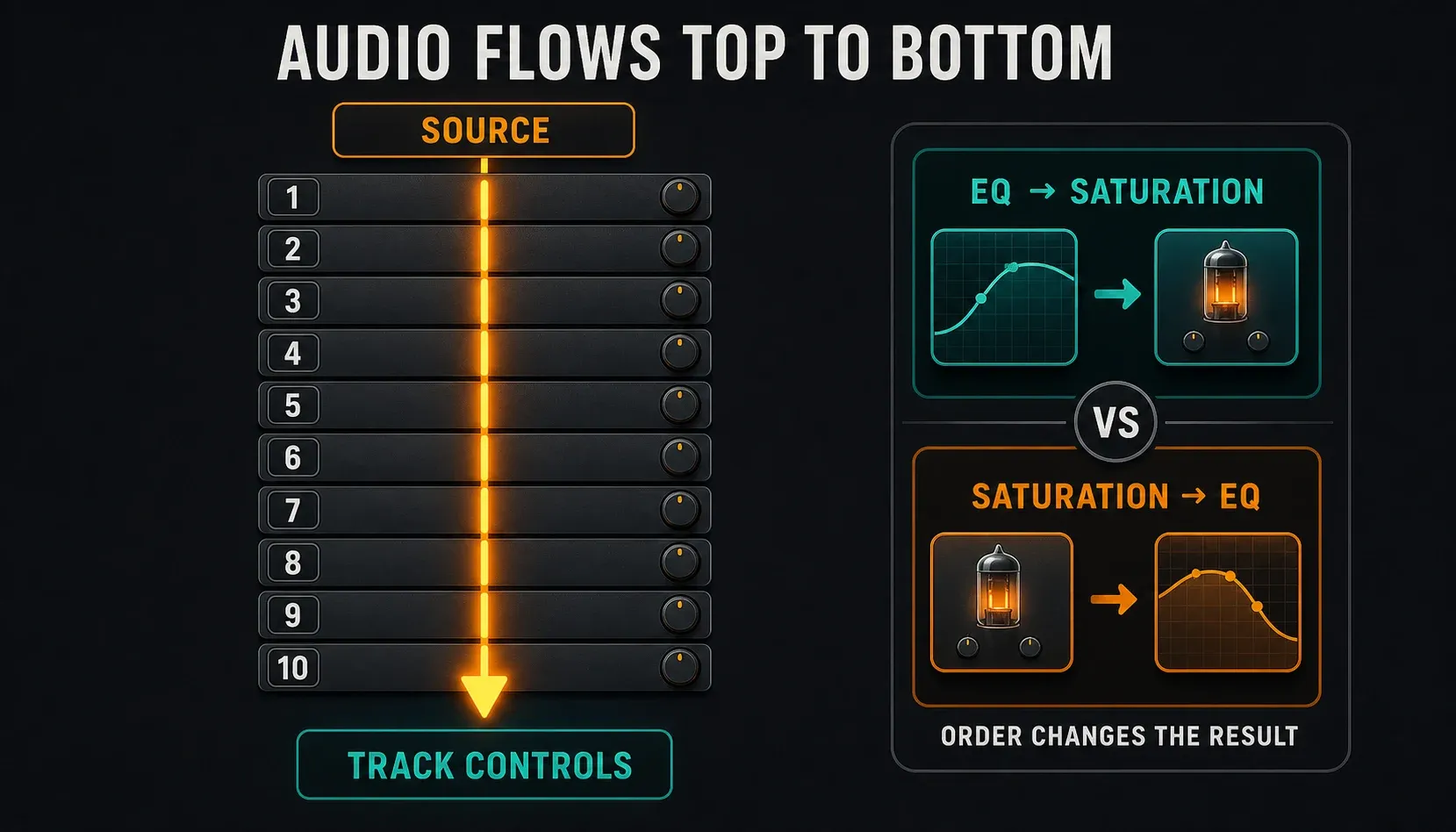 FL Studio Mixer effect order from slot 1 through slot 10 with pre and post processing examples