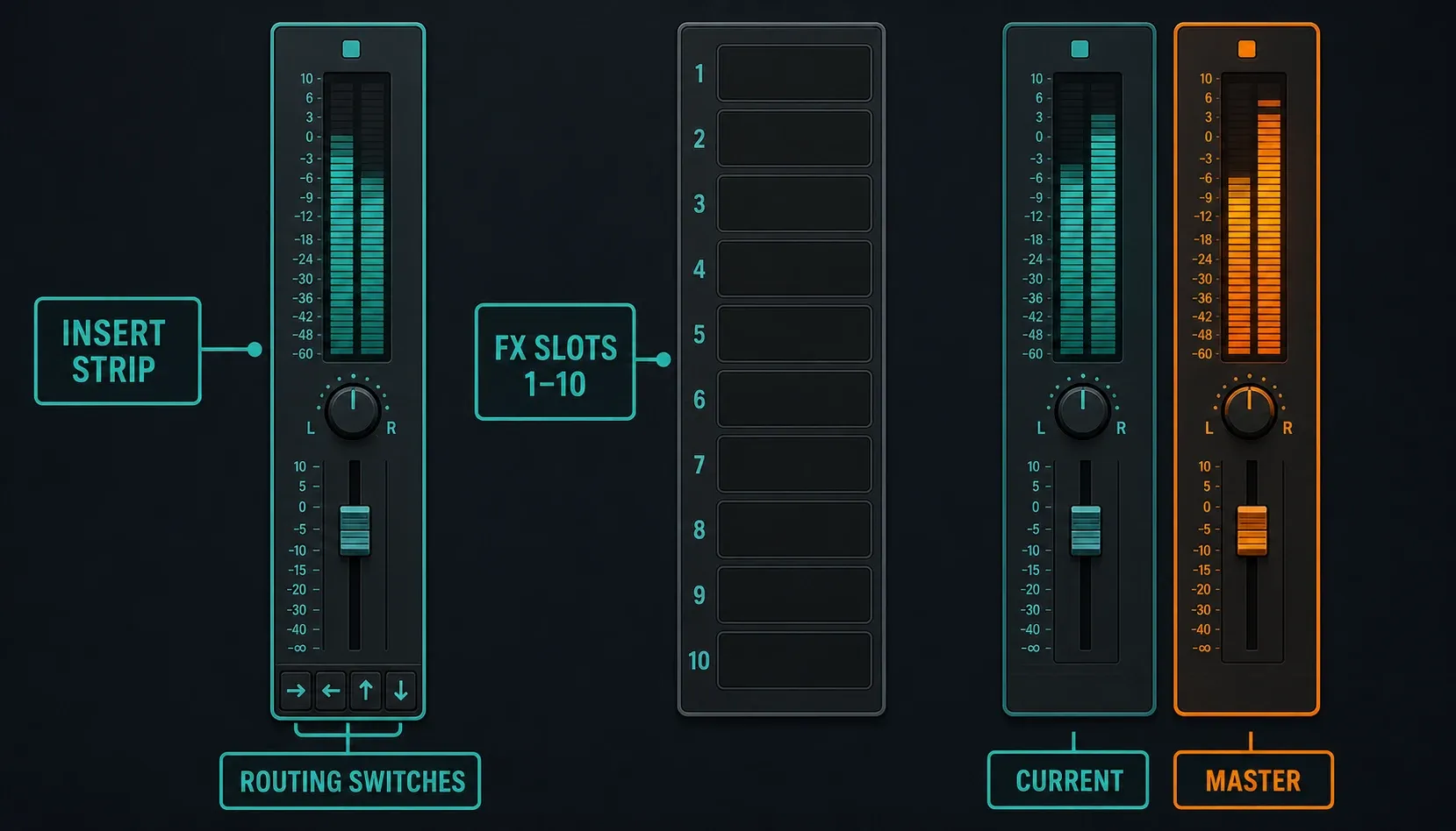 FL Studio Mixer layout with insert strip, effect slots, routing switches, Current track and Master