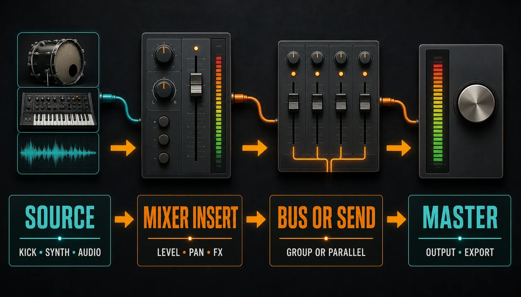 FL Studio Mixer signal flow from Channel Rack source through insert, bus or send, and Master