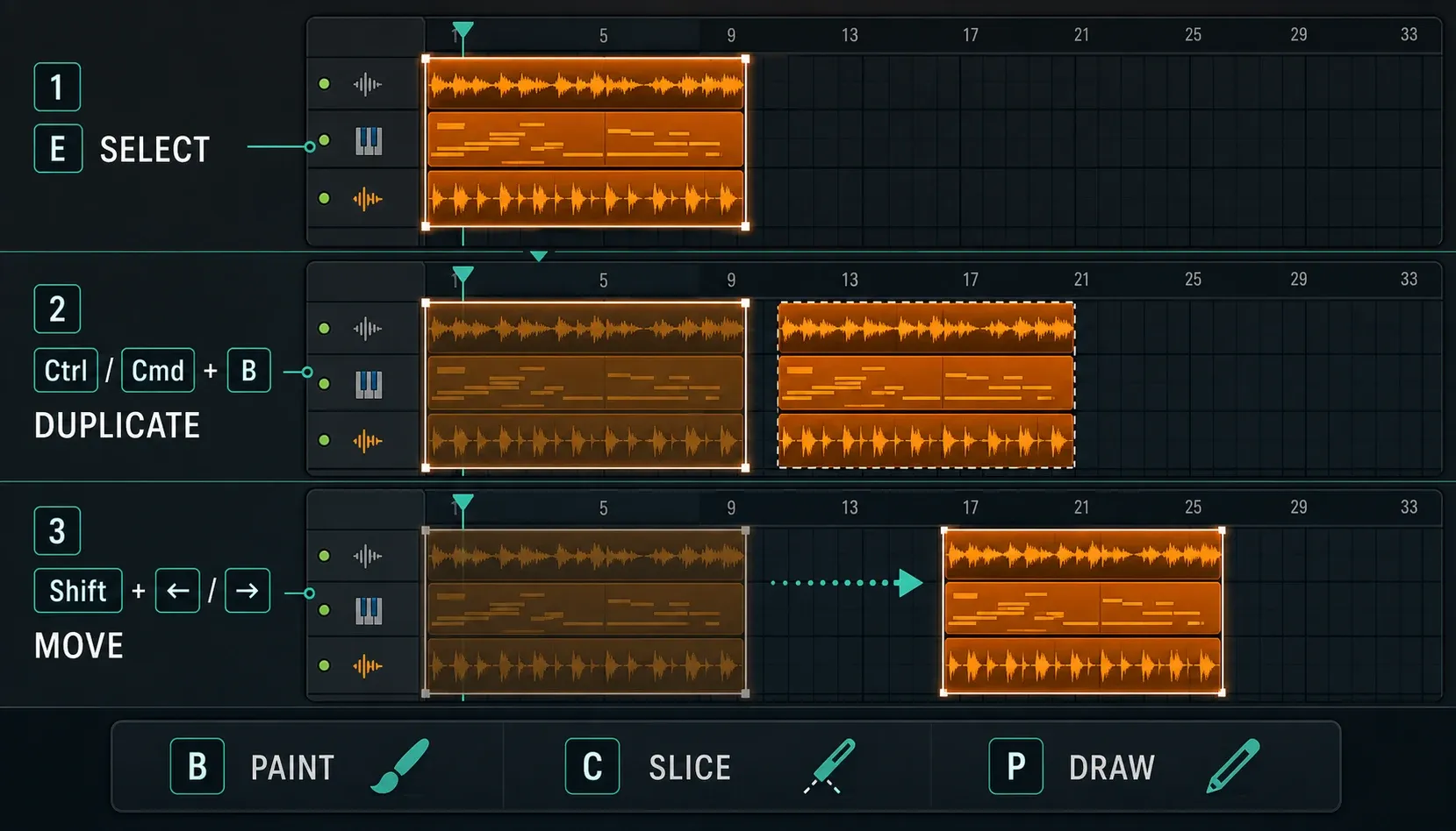 FL Studio Playlist shortcuts for selecting, slicing, duplicating and moving clips