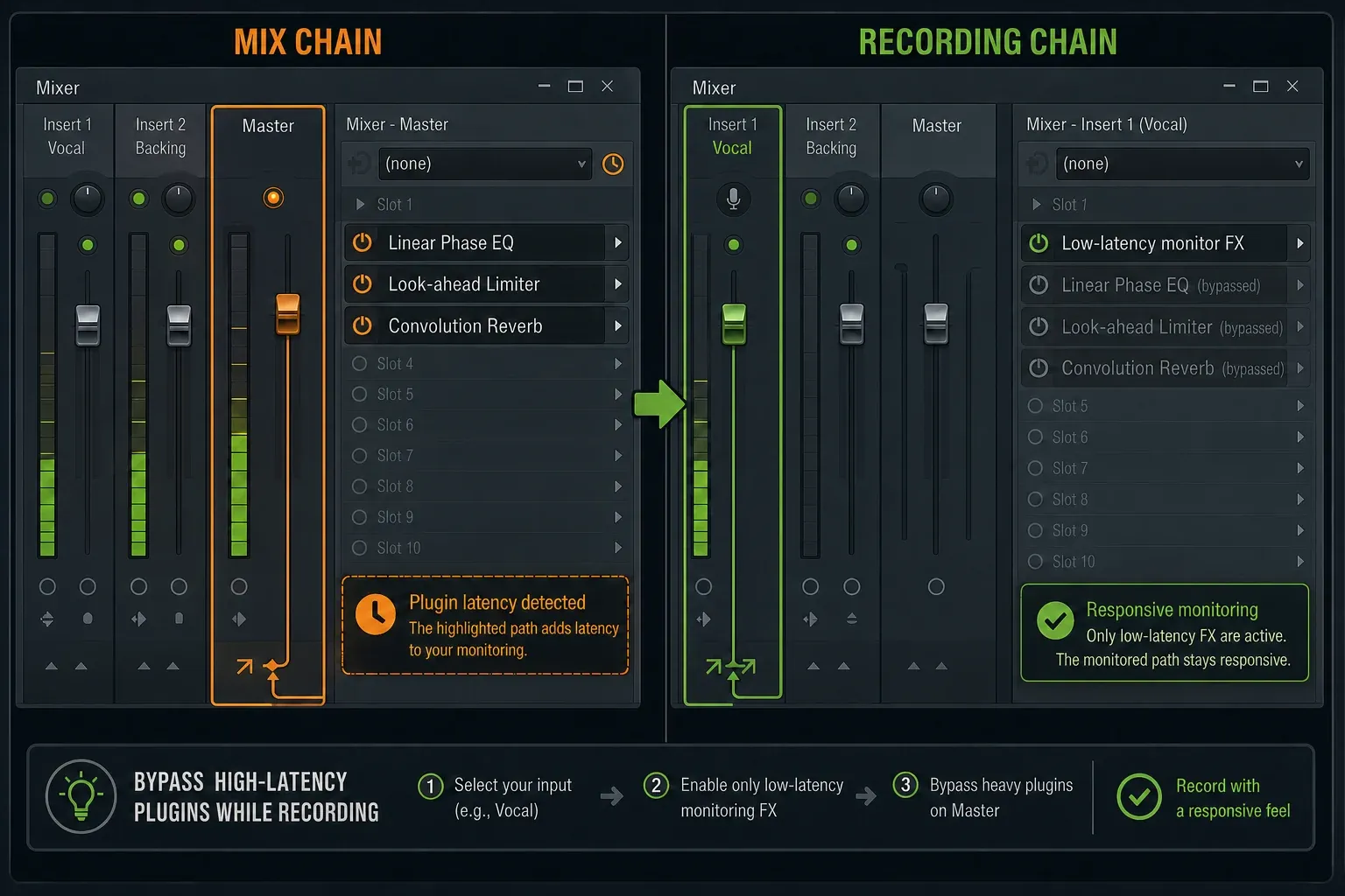 FL Studio recording chain with high-latency master plugins bypassed