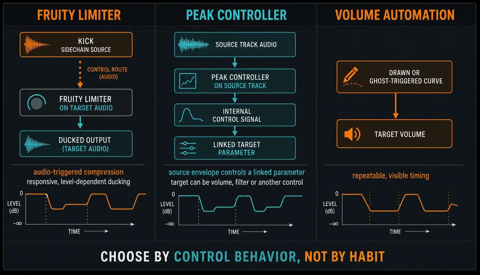 Fruity Limiter Peak Controller and volume automation sidechain methods compared