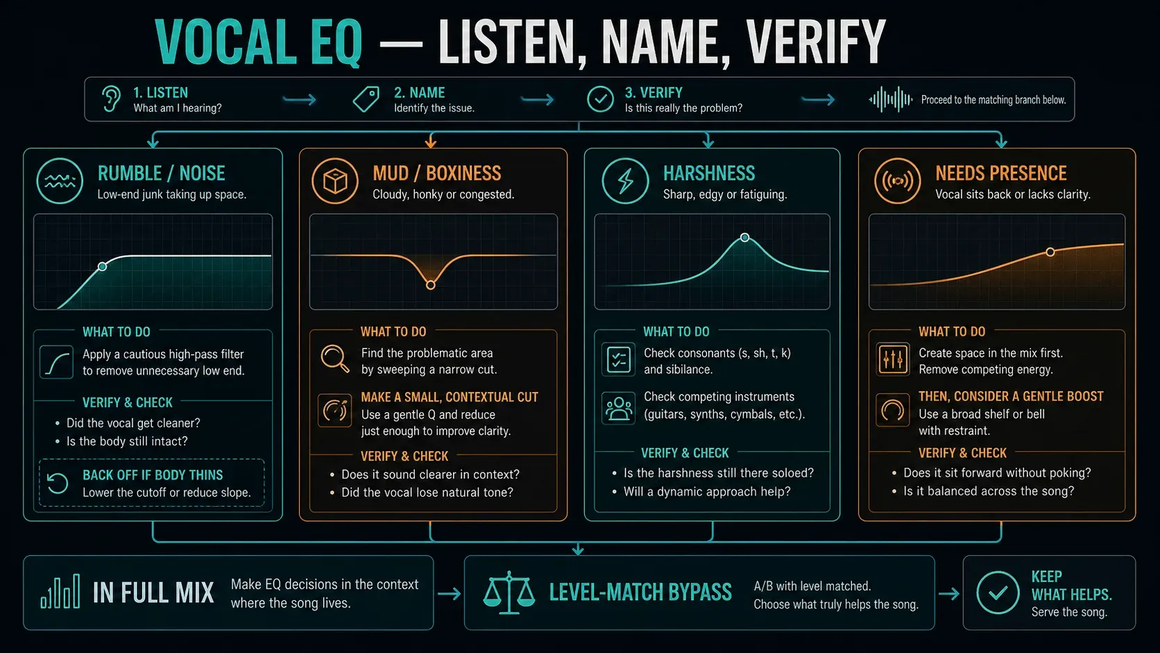 FL Studio vocal EQ decision map for rumble mud harshness air and masking