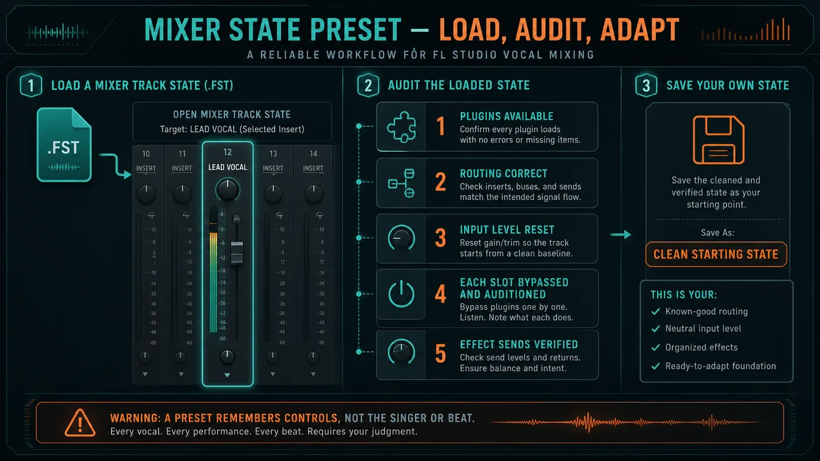 FL Studio vocal preset workflow for opening saving and checking an FST Mixer track state